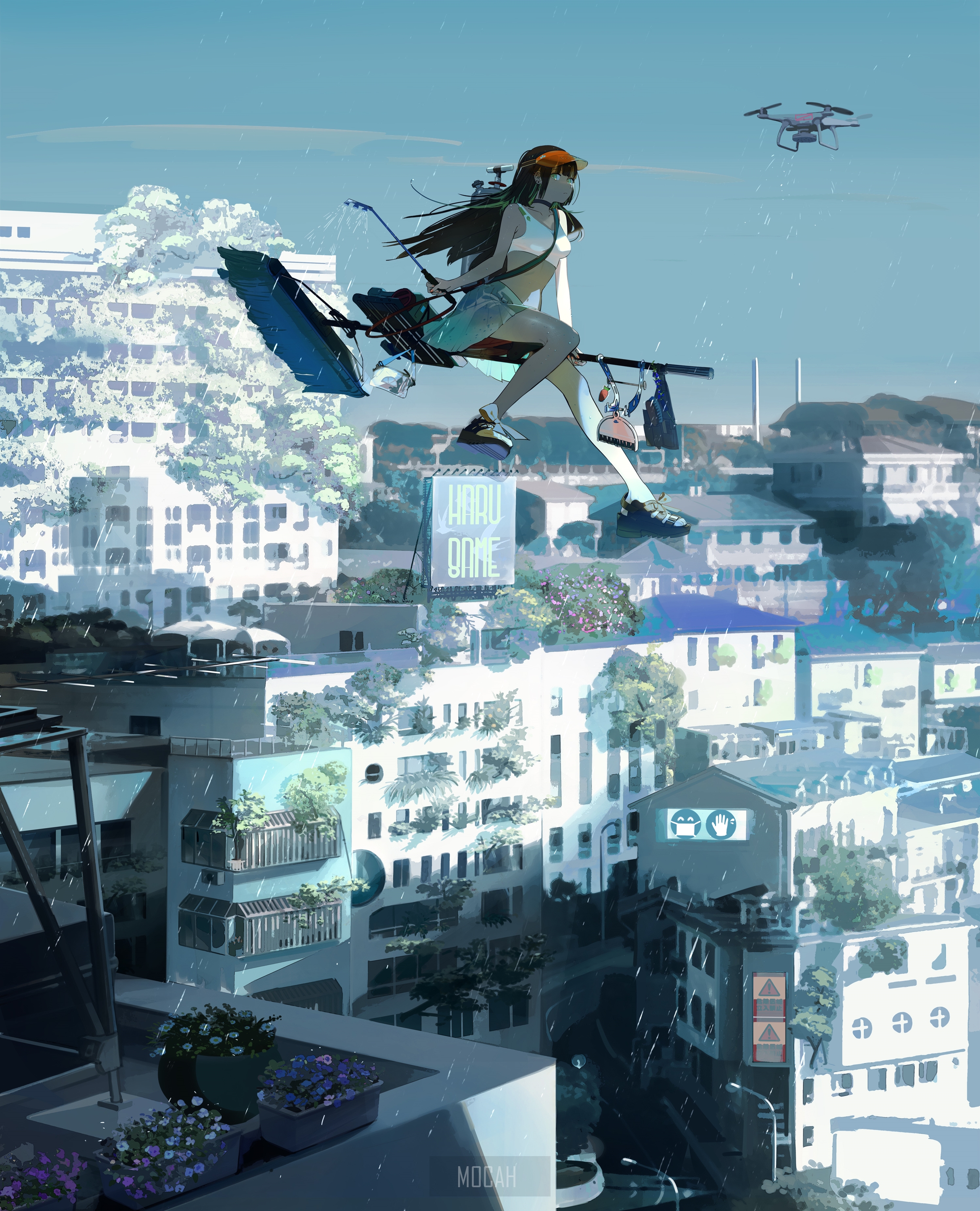 Anime girl flying over a city with a drone HD Phone Wallpaper