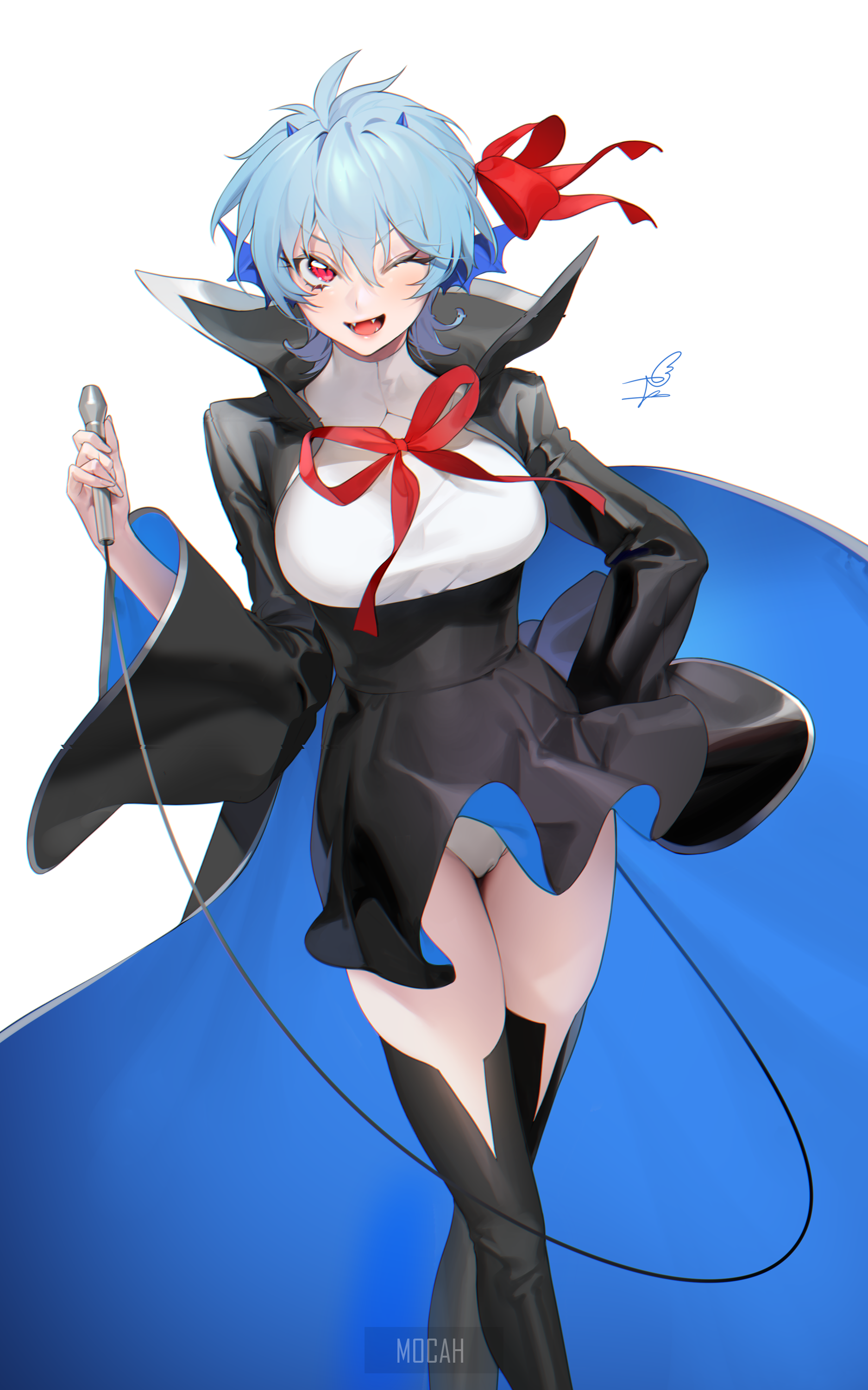 Anime girl with blue hair and red ribbon HD Phone Wallpaper