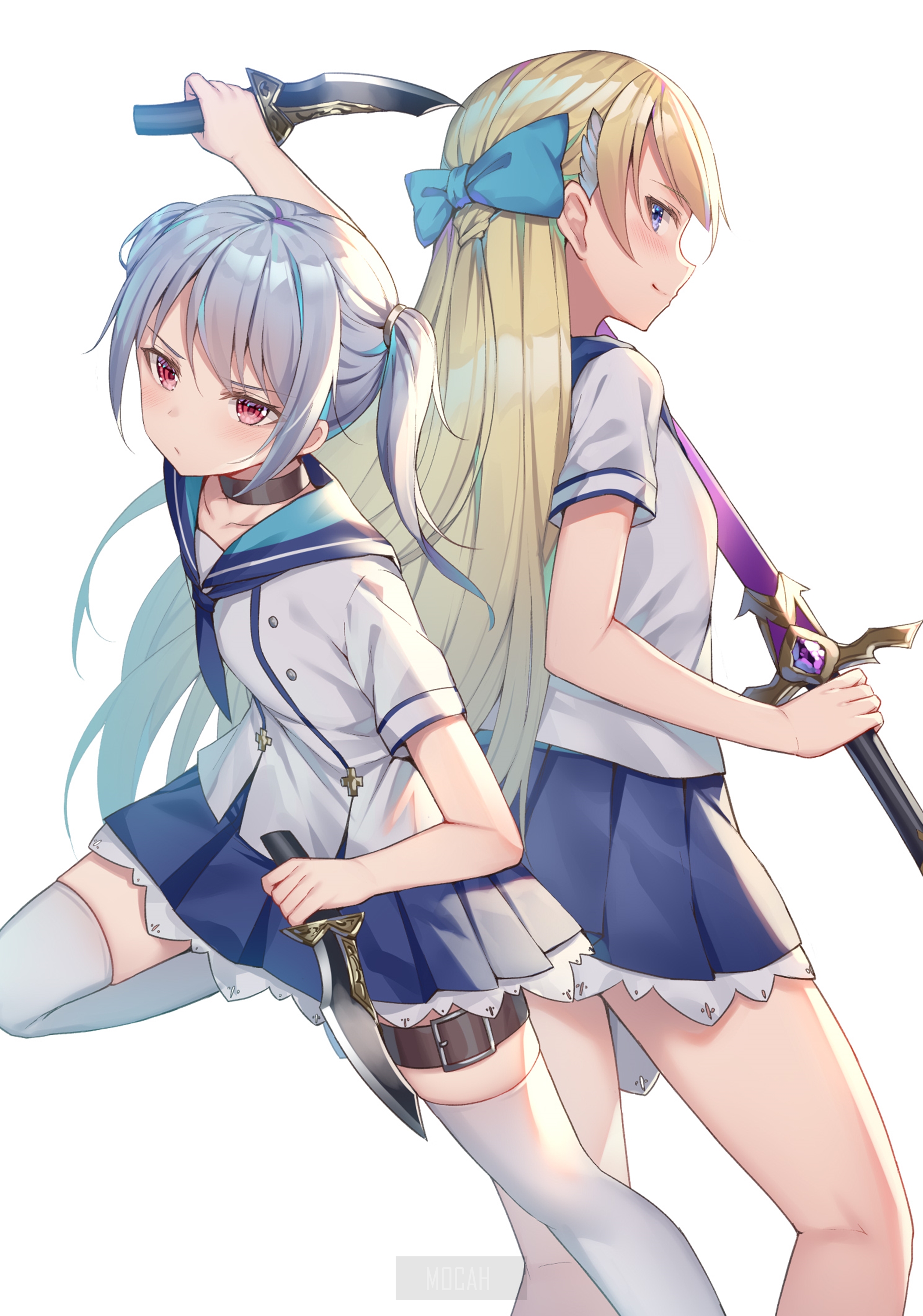Two anime girls with swords and knives HD Phone Wallpaper
