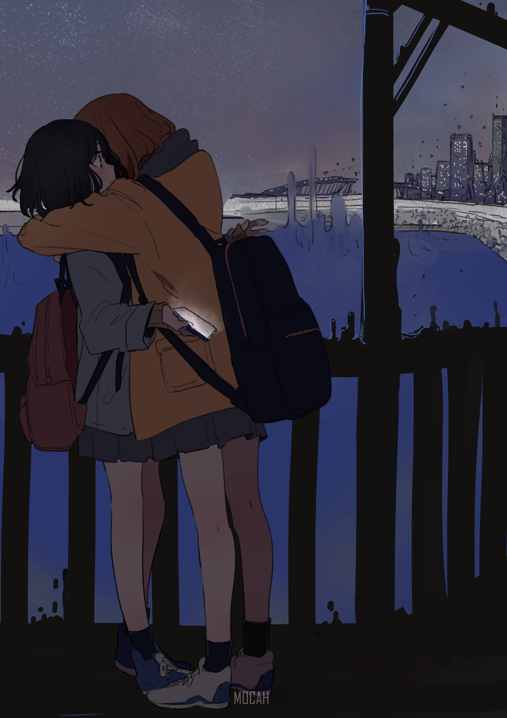 Two anime girls hugging at night with city in background HD Phone Wallpaper