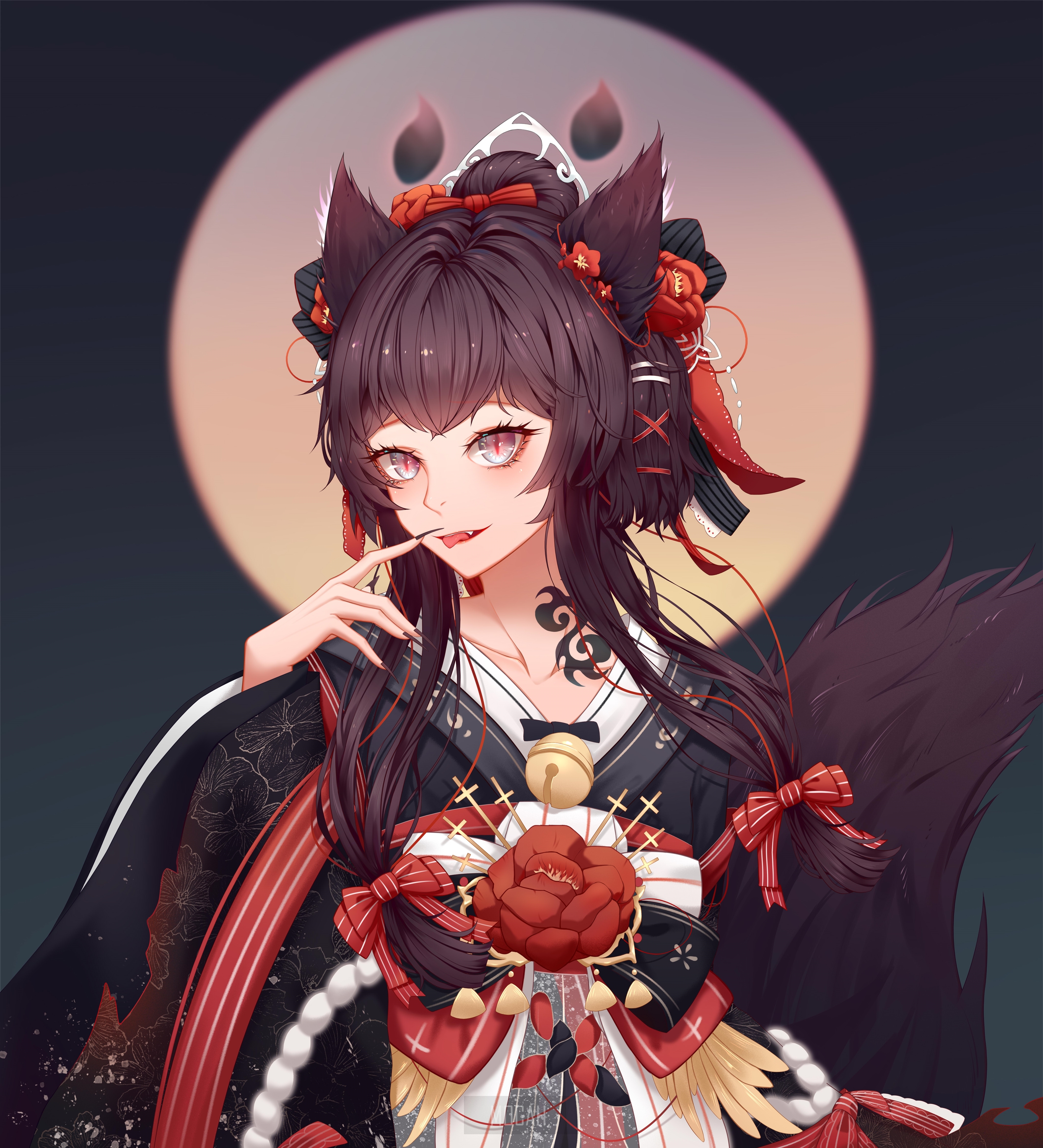 Anime girl with fox ears and kimono HD Phone Wallpaper