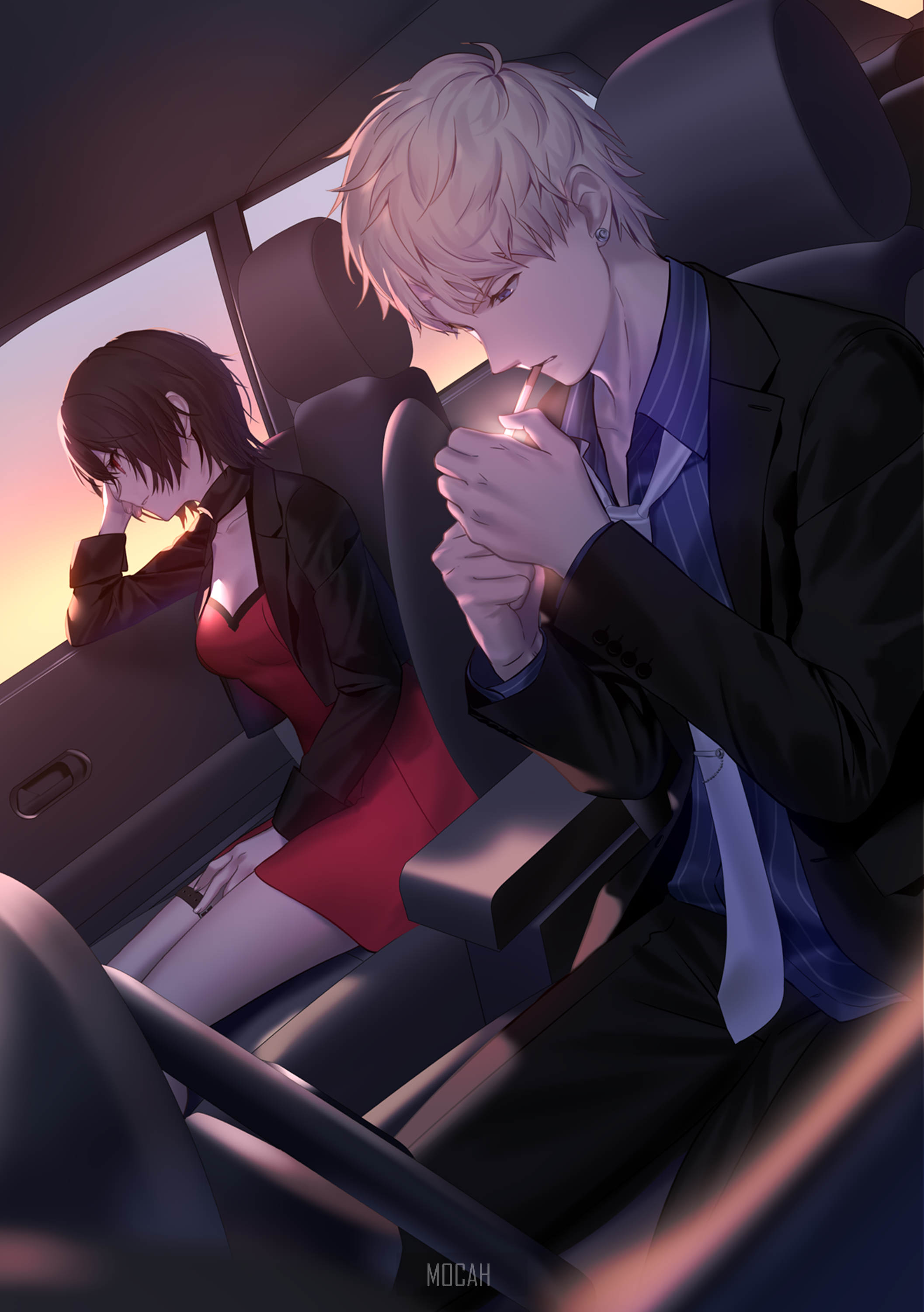 Anime couple in a car at sunset HD Phone Wallpaper