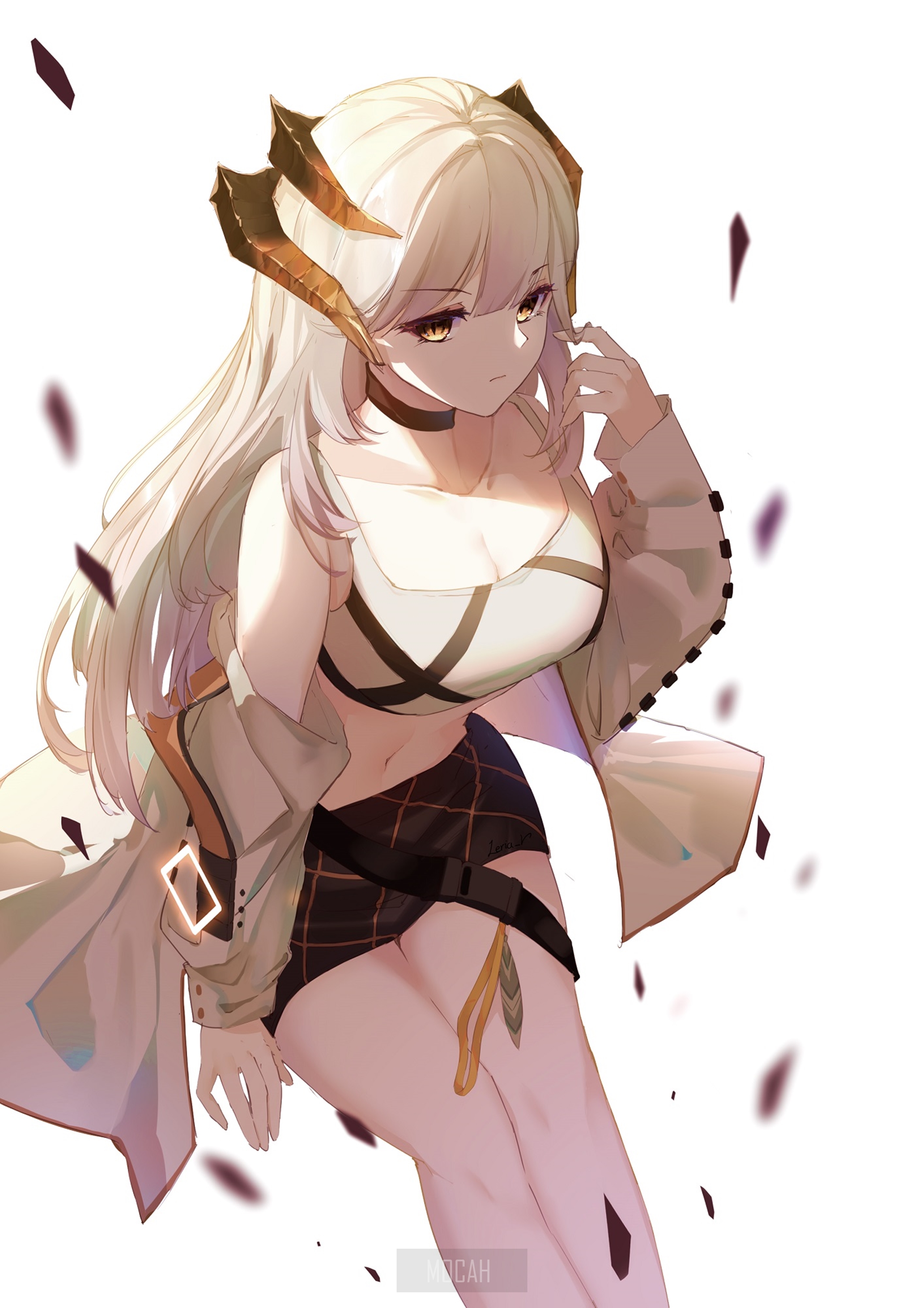 Anime girl with horns and white hair HD Phone Wallpaper