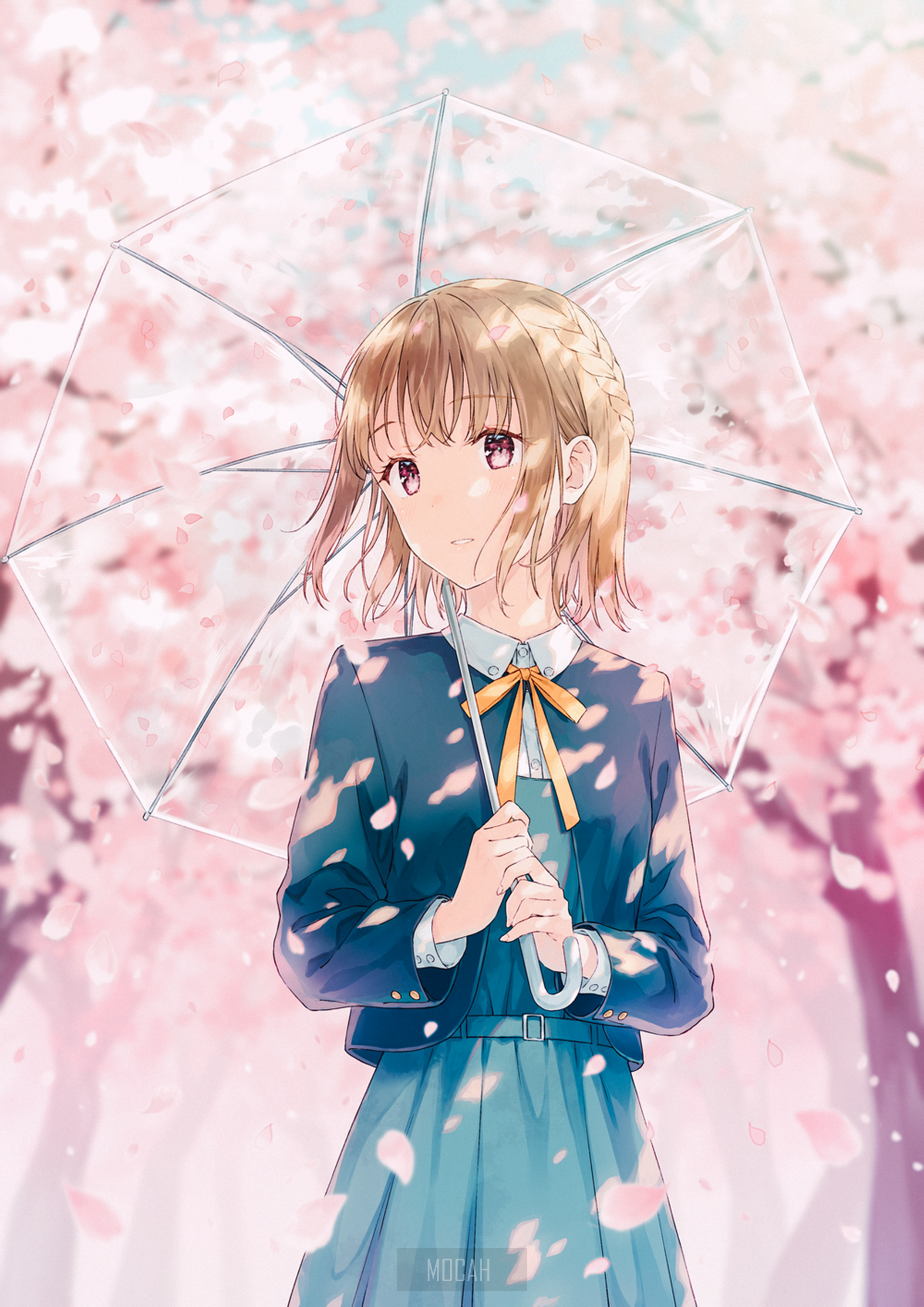 Anime girl with umbrella under cherry blossoms HD Phone Wallpaper