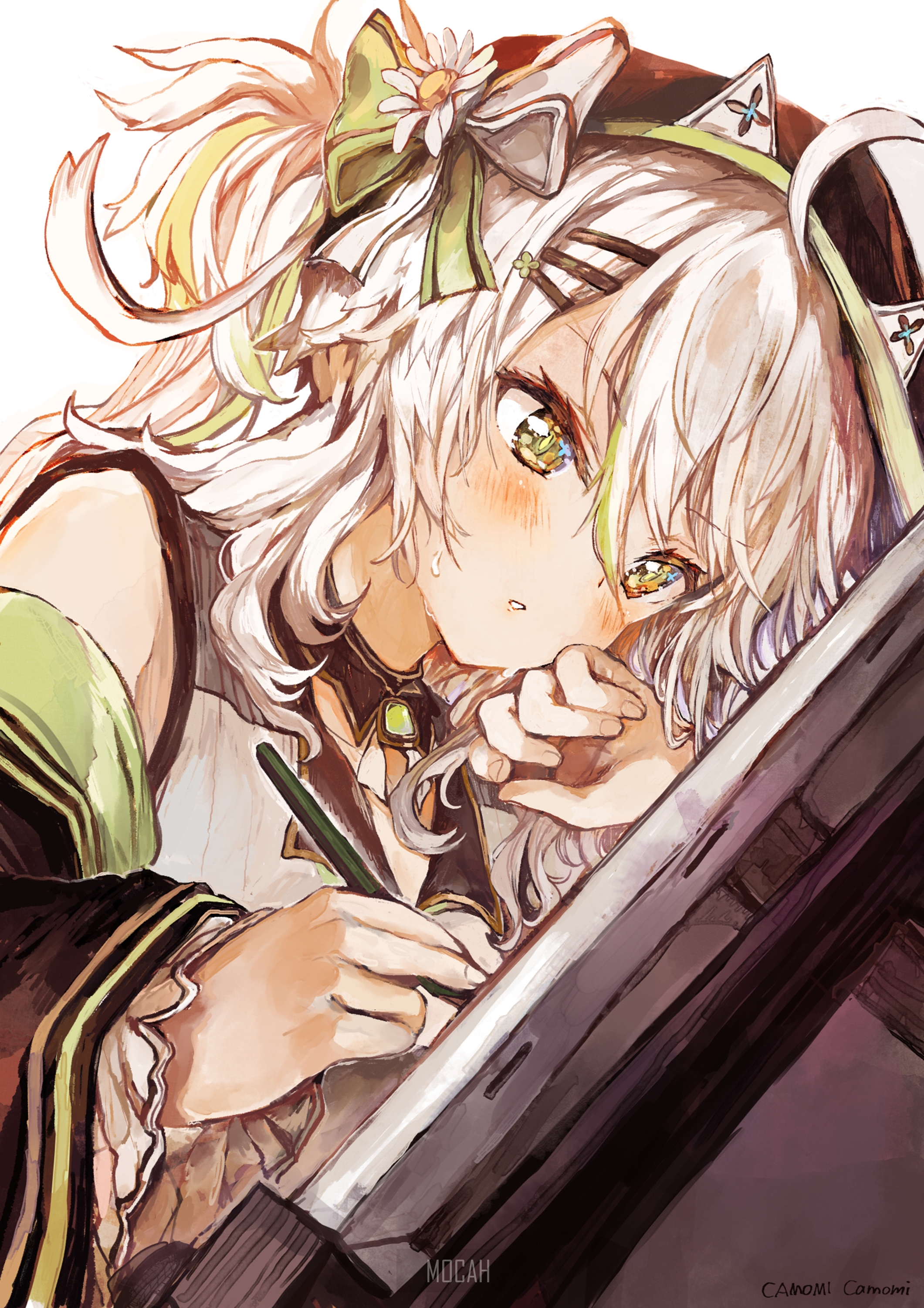 Anime girl with white hair and green accents drawing HD Phone Wallpaper