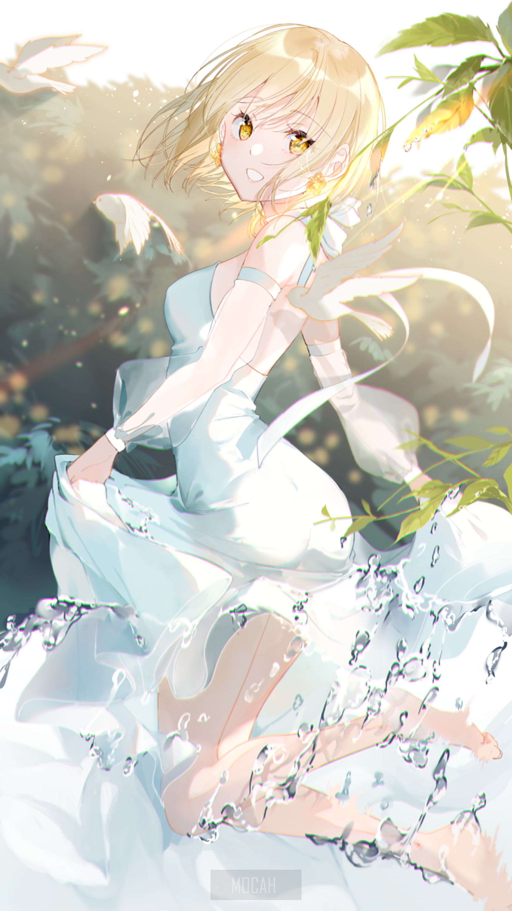 Anime girl in white dress with birds and water HD Phone Wallpaper