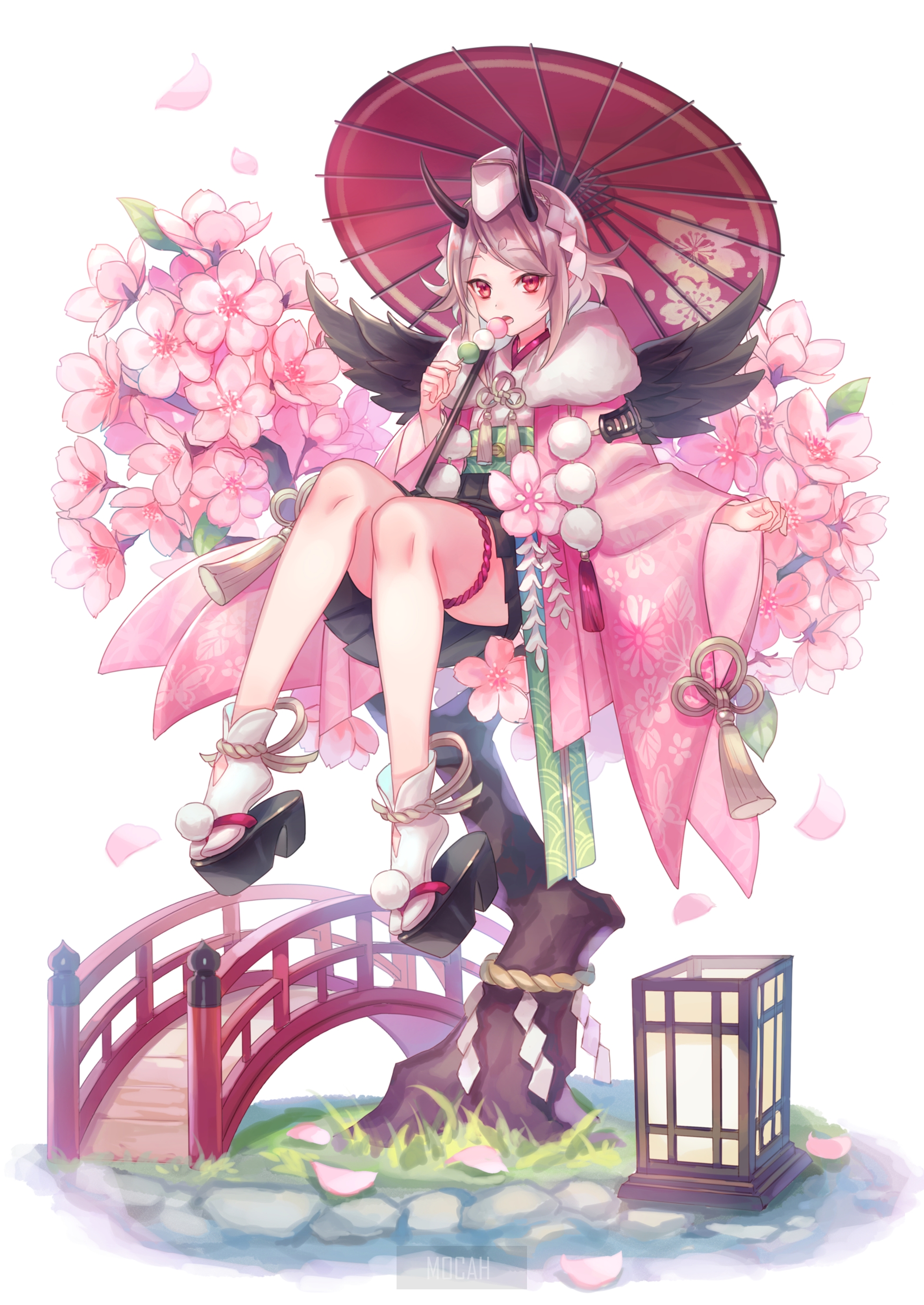 Anime girl with horns and wings in kimono with umbrella HD Phone Wallpaper
