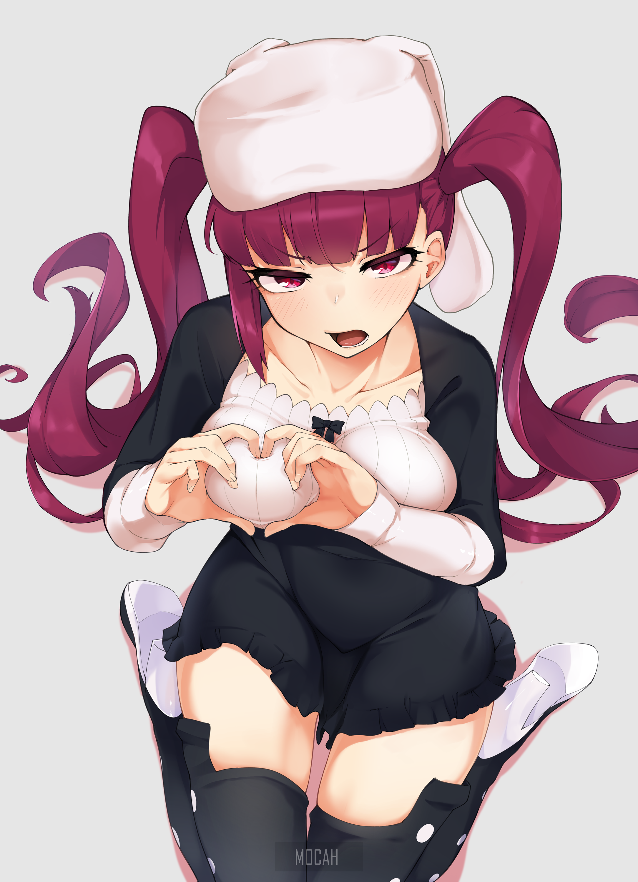 Anime girl with pink hair and eyes making a boob heart HD Phone Wallpaper