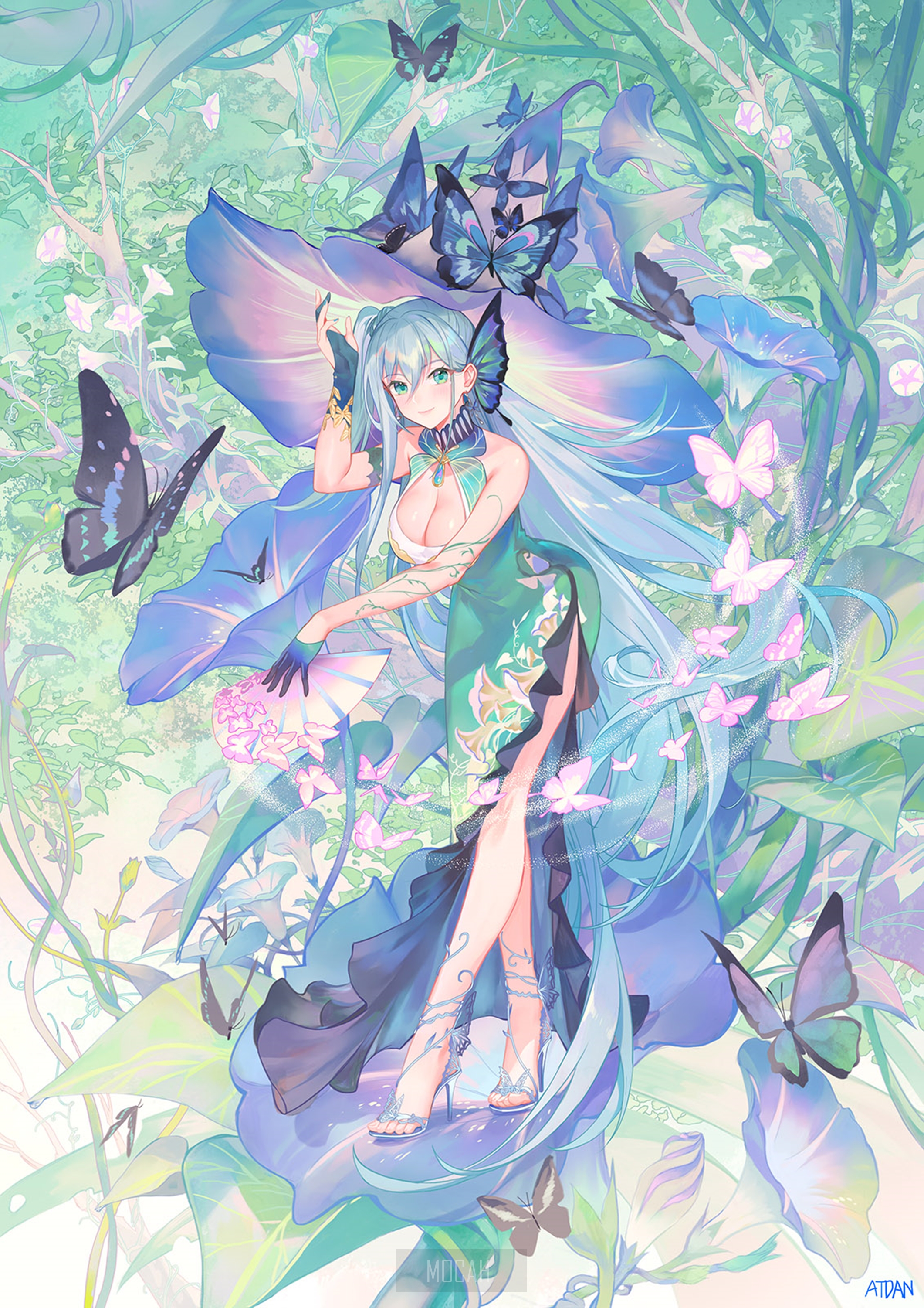 Anime girl with butterflies and flowers HD Phone Wallpaper