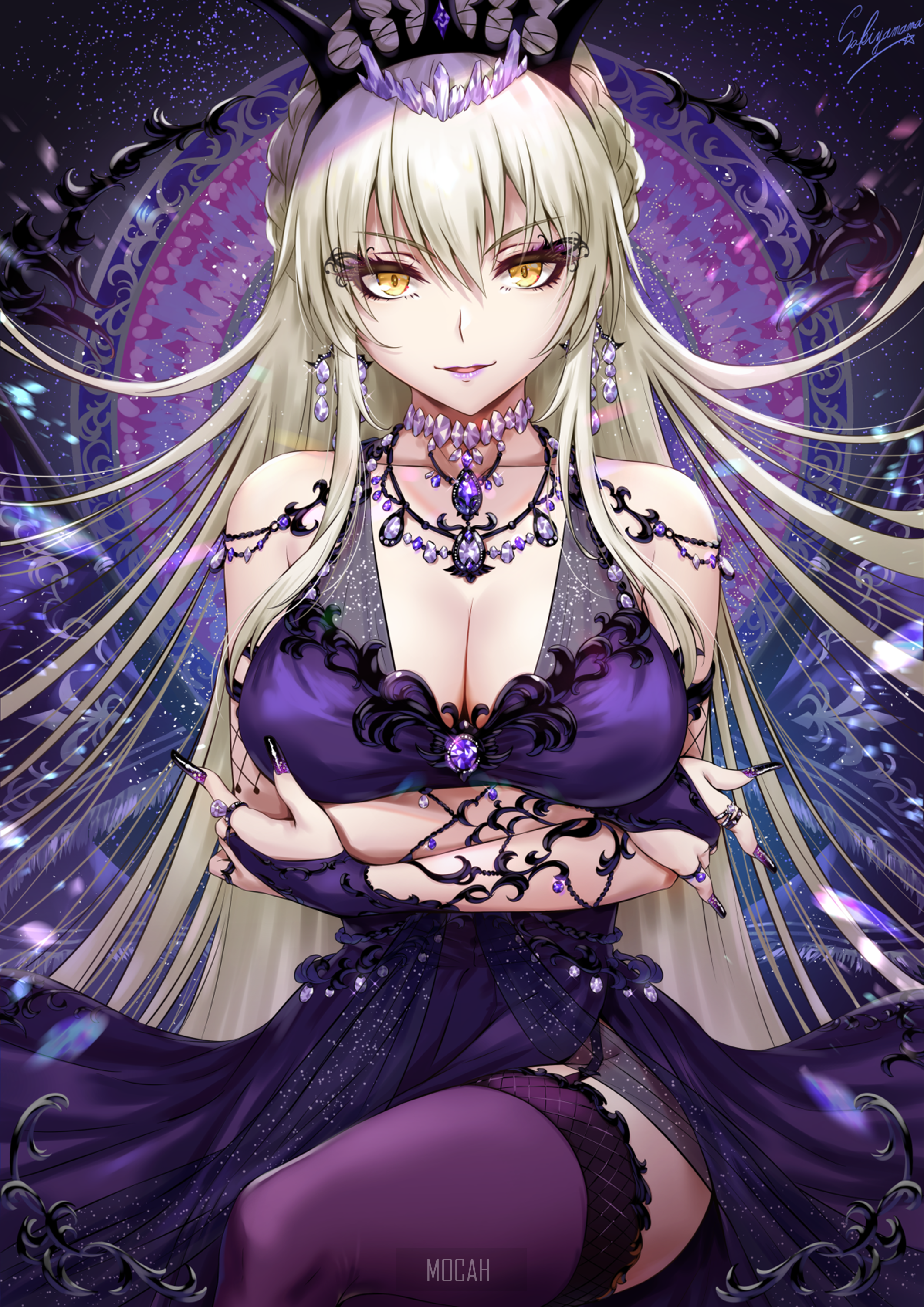 Anime girl with blonde hair and purple dress HD Phone Wallpaper