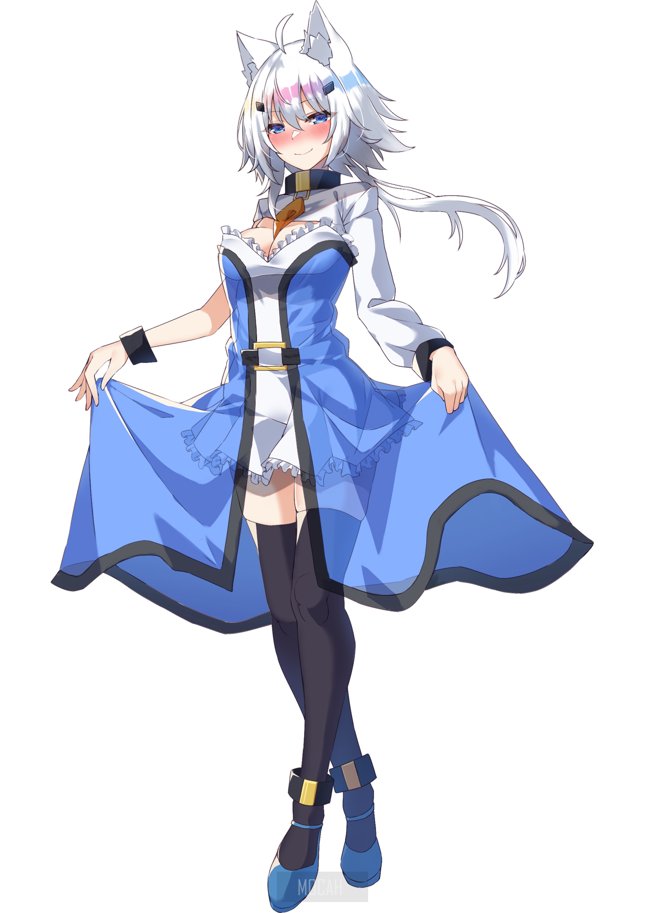 Anime girl with white hair and blue dress HD Phone Wallpaper