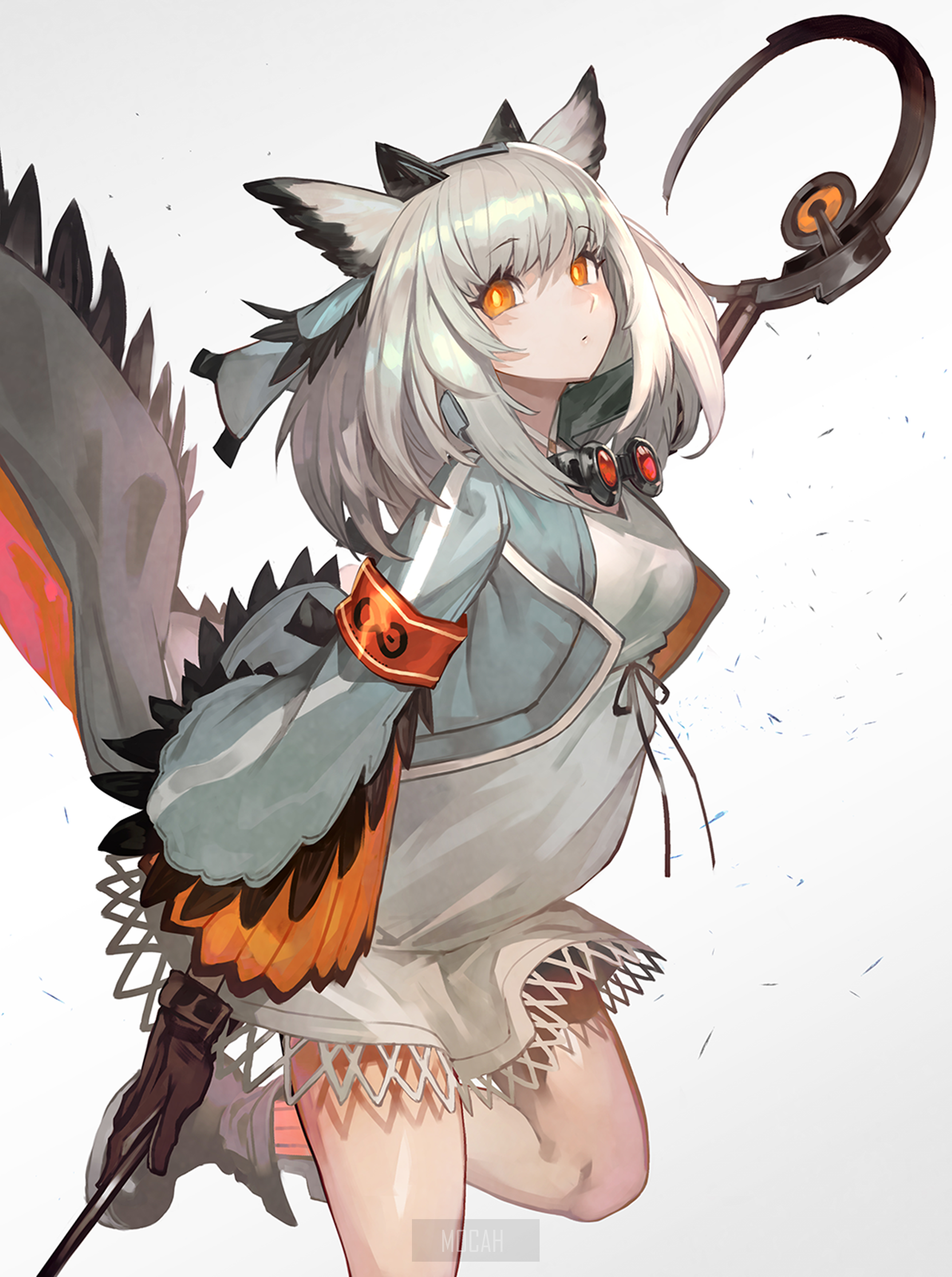 Anime girl with white hair and orange eyes holding a staff HD Phone Wallpaper