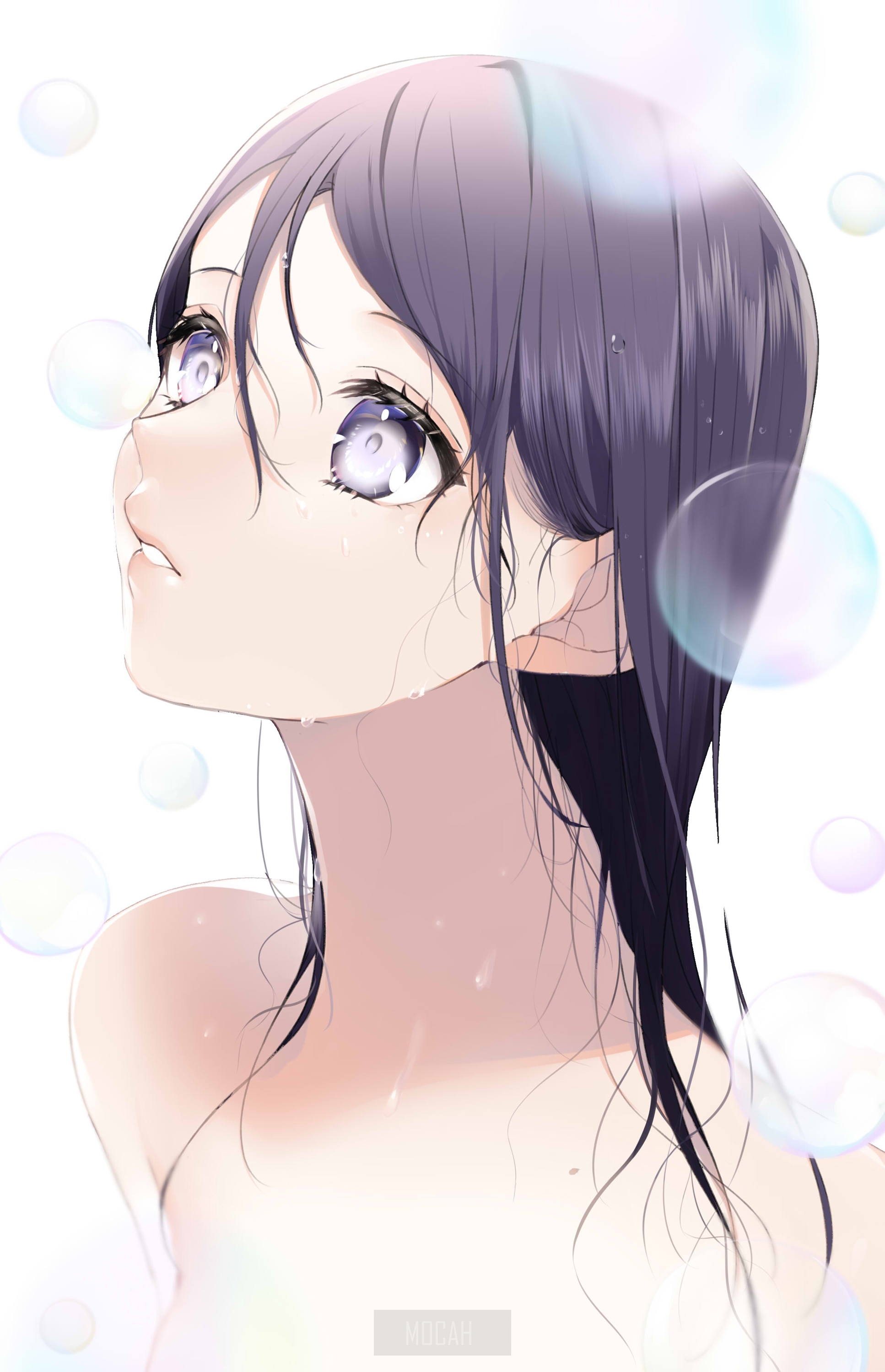 Anime girl with purple hair and large eyes in bubbles HD Phone Wallpaper