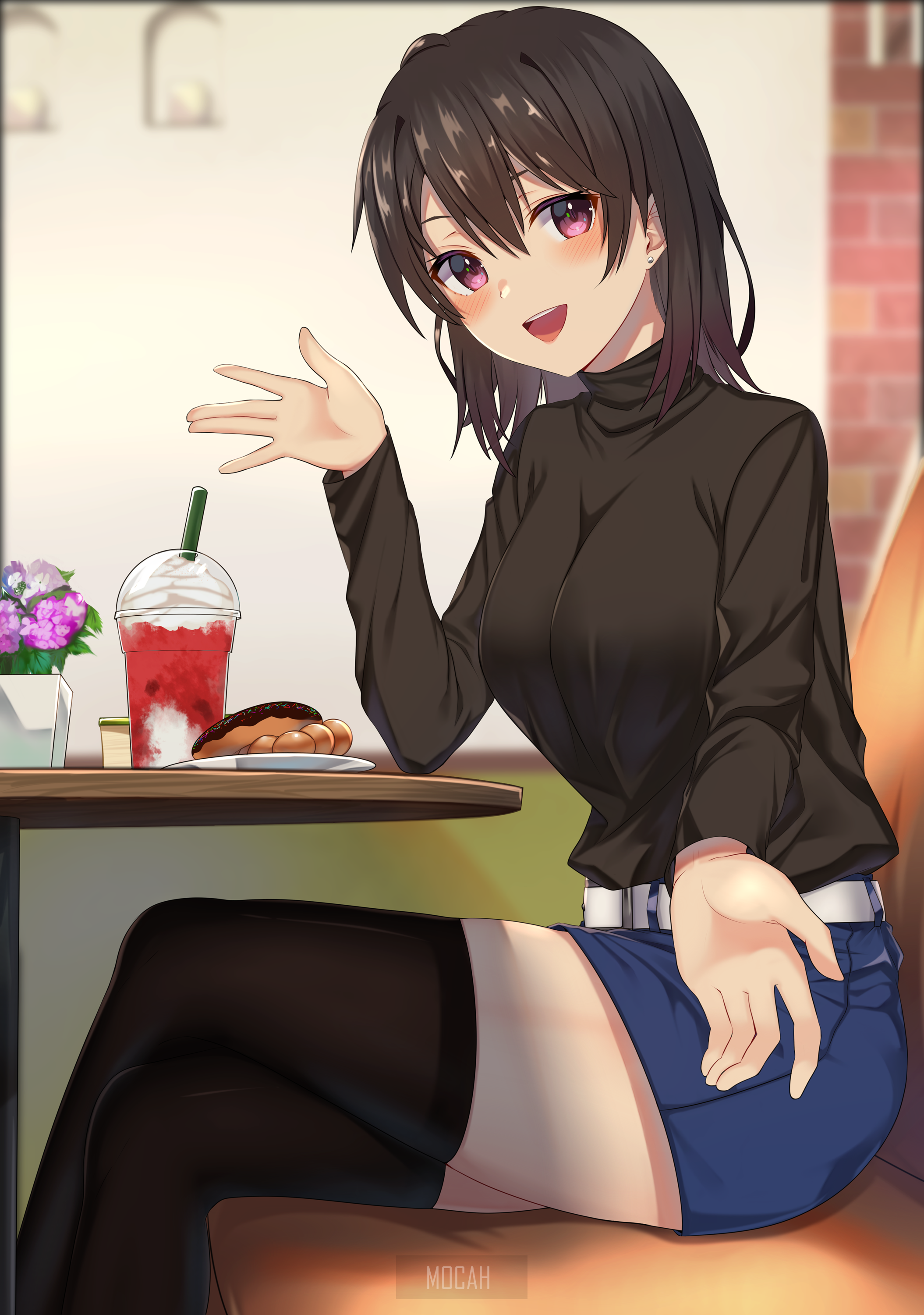 Anime girl in cafe with drink and pastry HD Phone Wallpaper