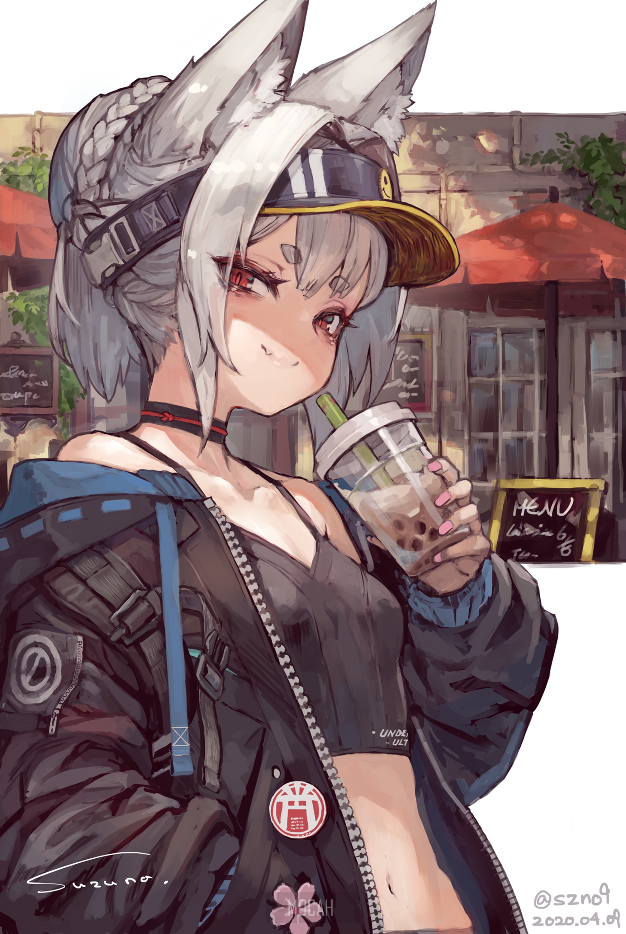 Anime girl with neko ears drinking bubble tea HD Phone Wallpaper