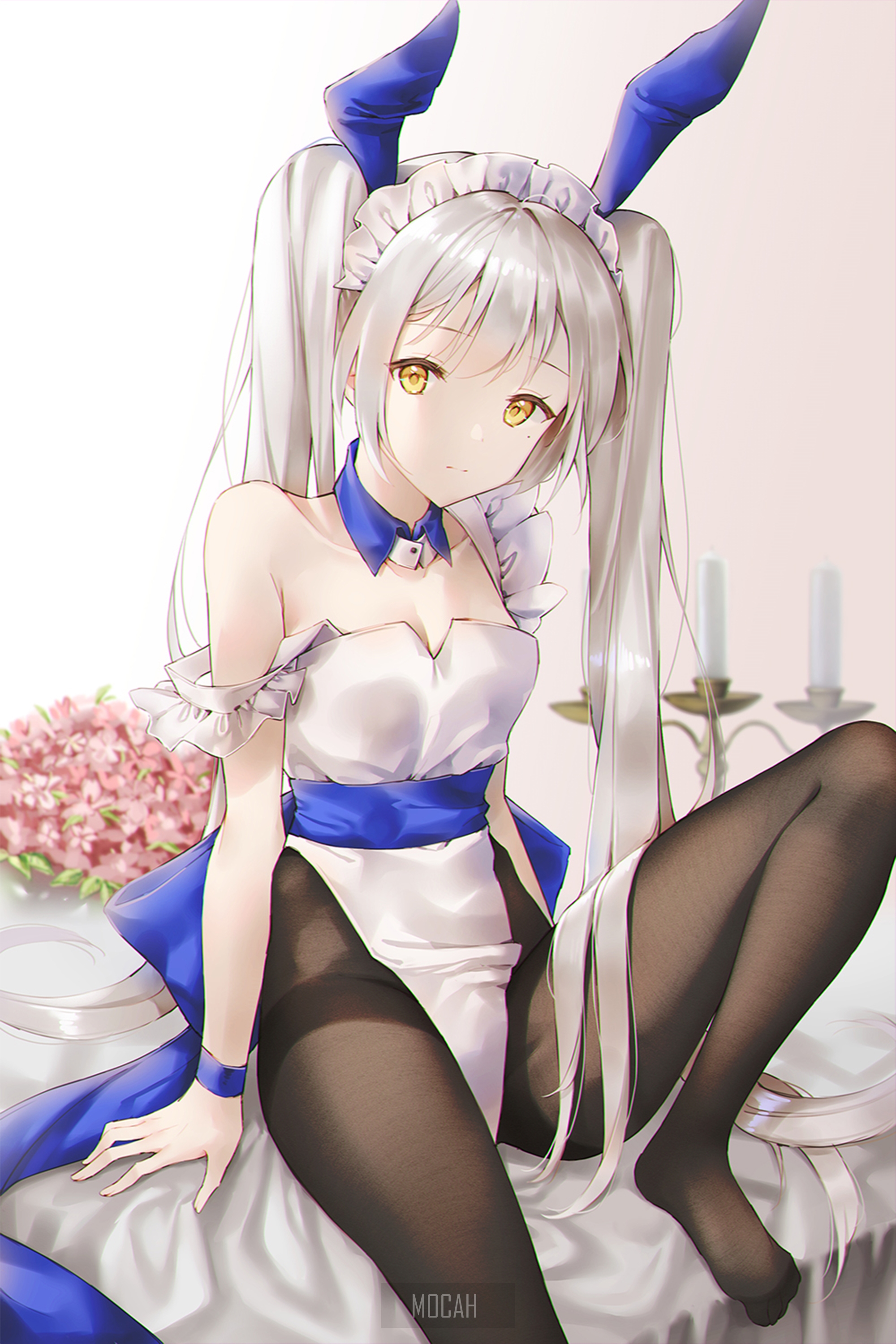 Anime Girl in Blue and White Bunny Outfit HD Phone Wallpaper
