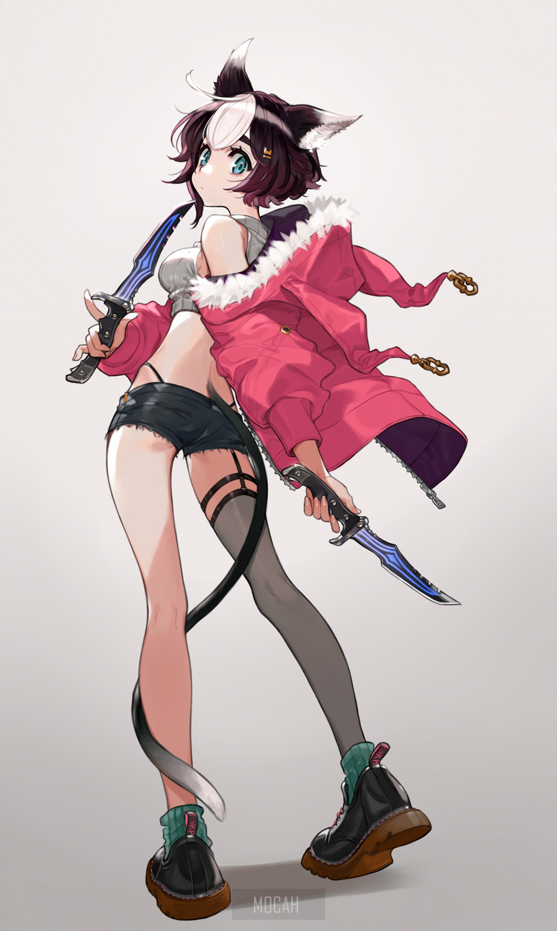 Anime girl with cat ears and knives HD Phone Wallpaper