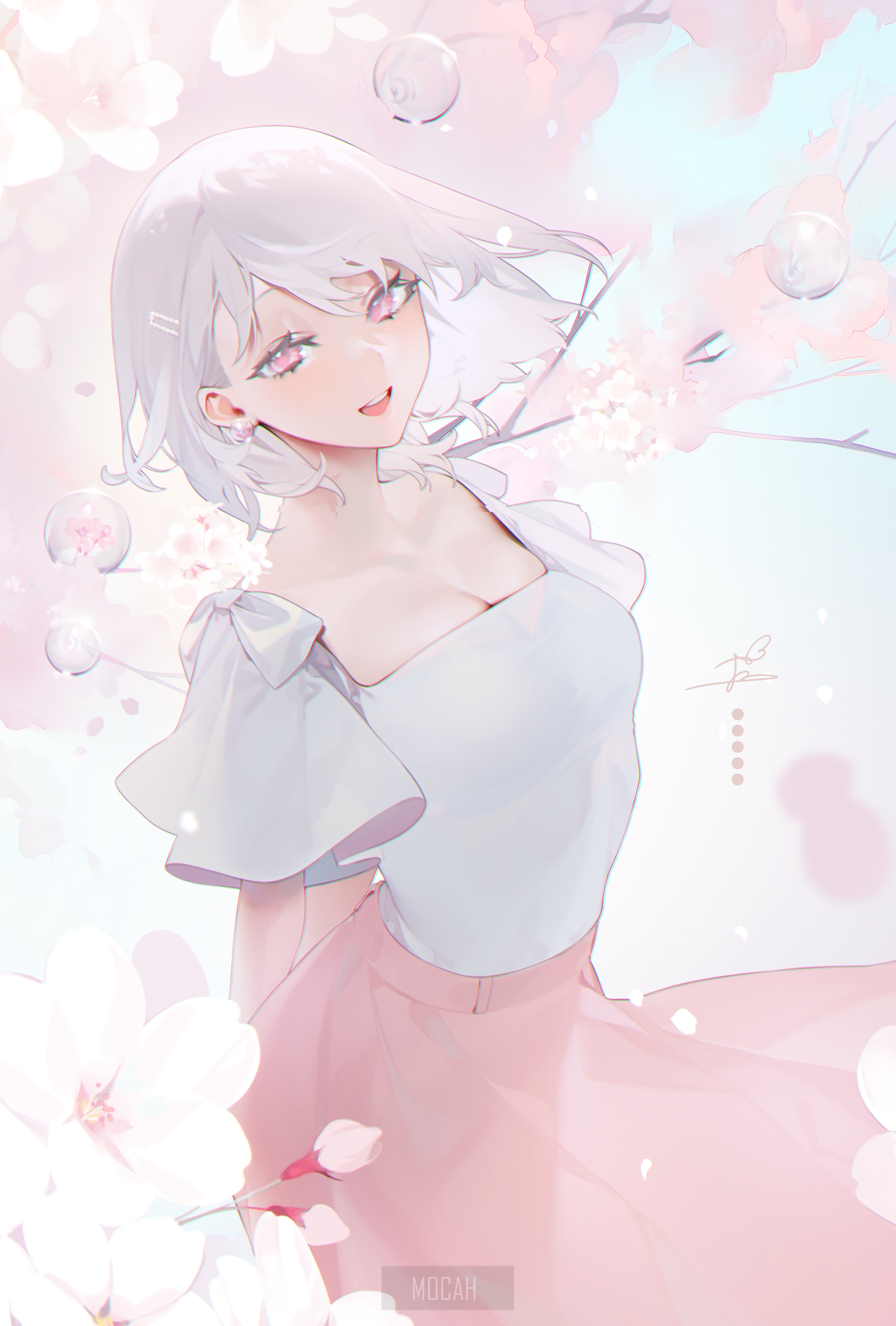 Anime girl with white hair and pink skirt HD Phone Wallpaper