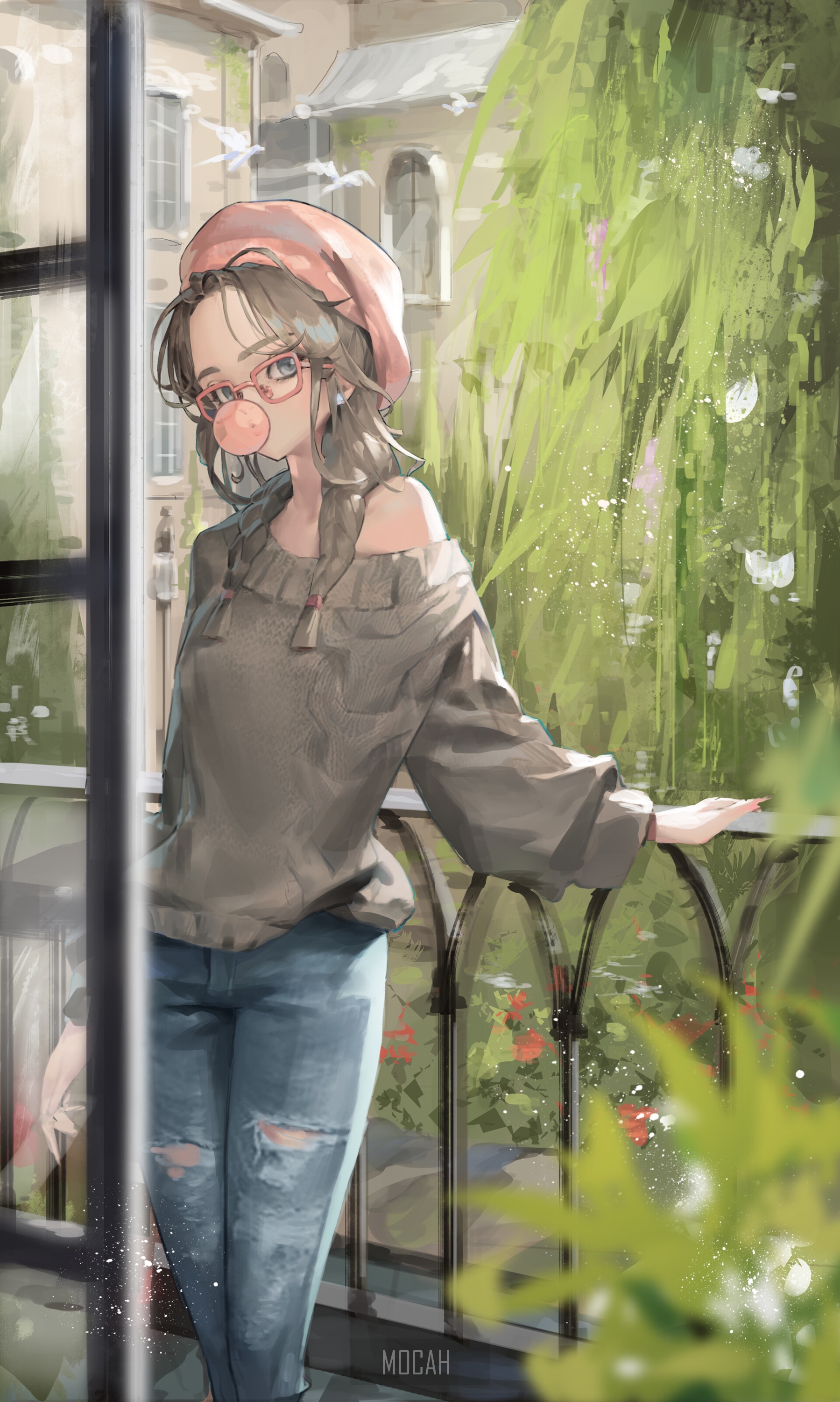 Anime girl with bubble gum on a balcony HD Phone Wallpaper