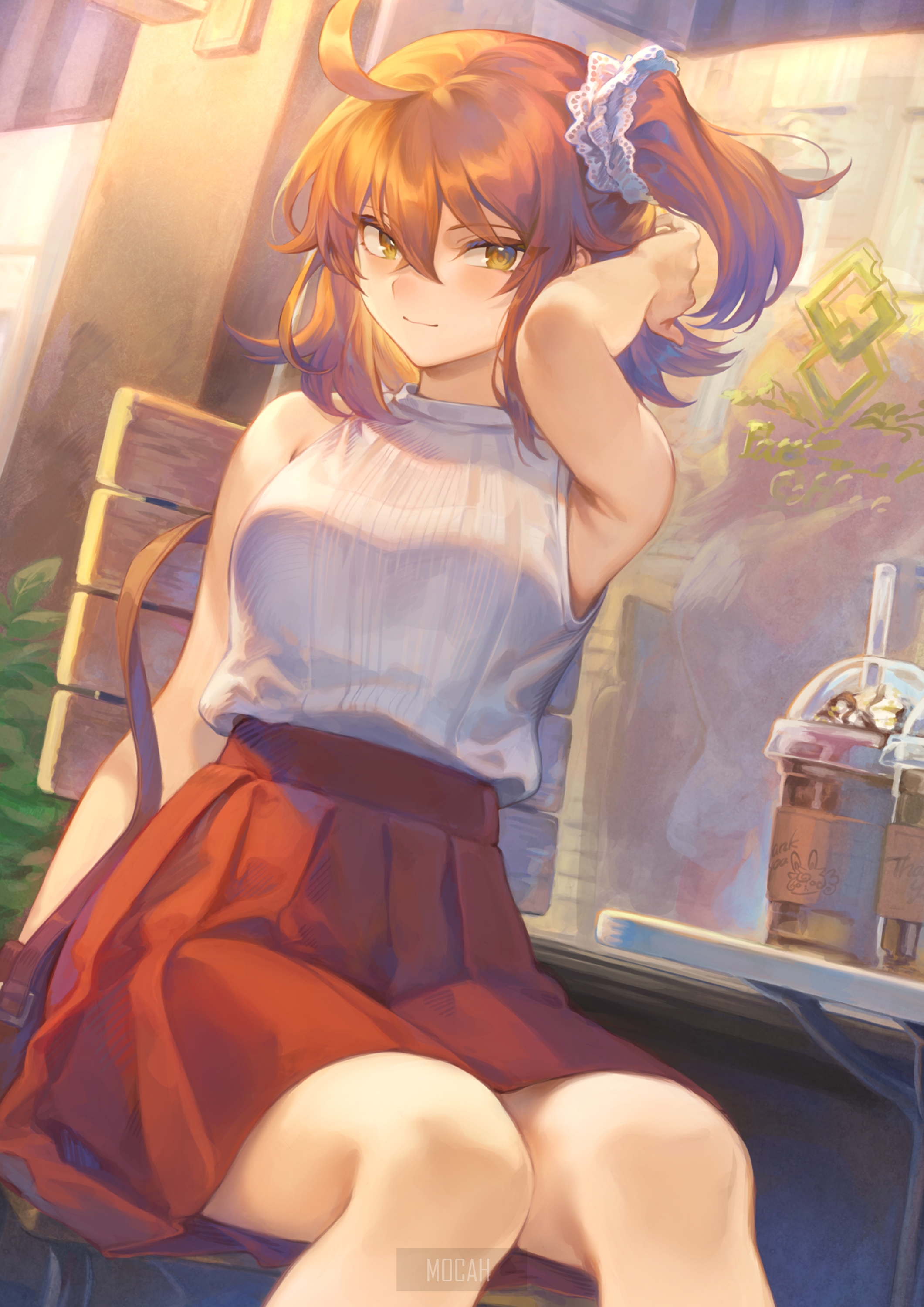 Anime girl with orange hair in a white top and red skirt HD Phone Wallpaper