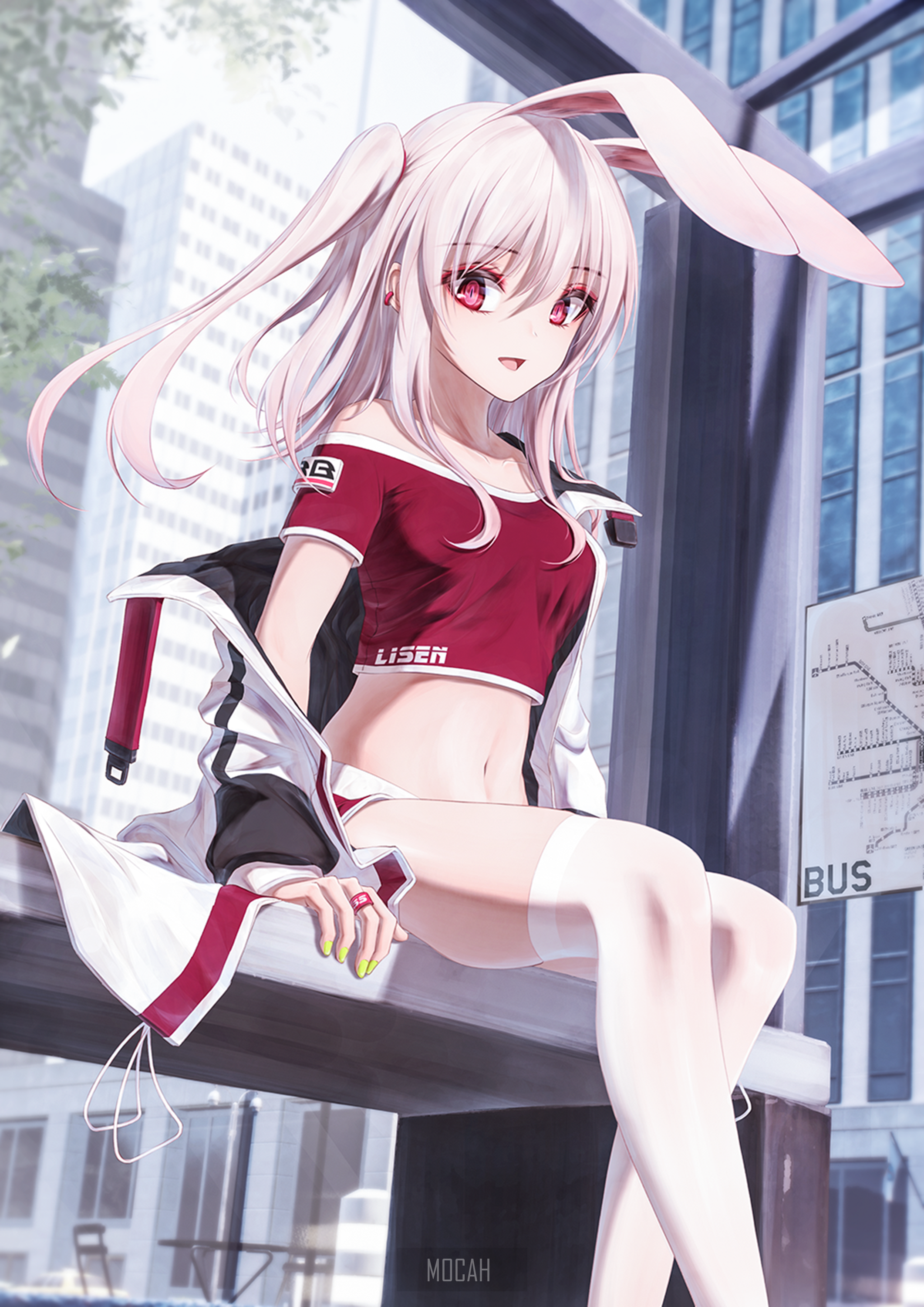 Anime girl with bunny ears sitting on a bench HD Phone Wallpaper