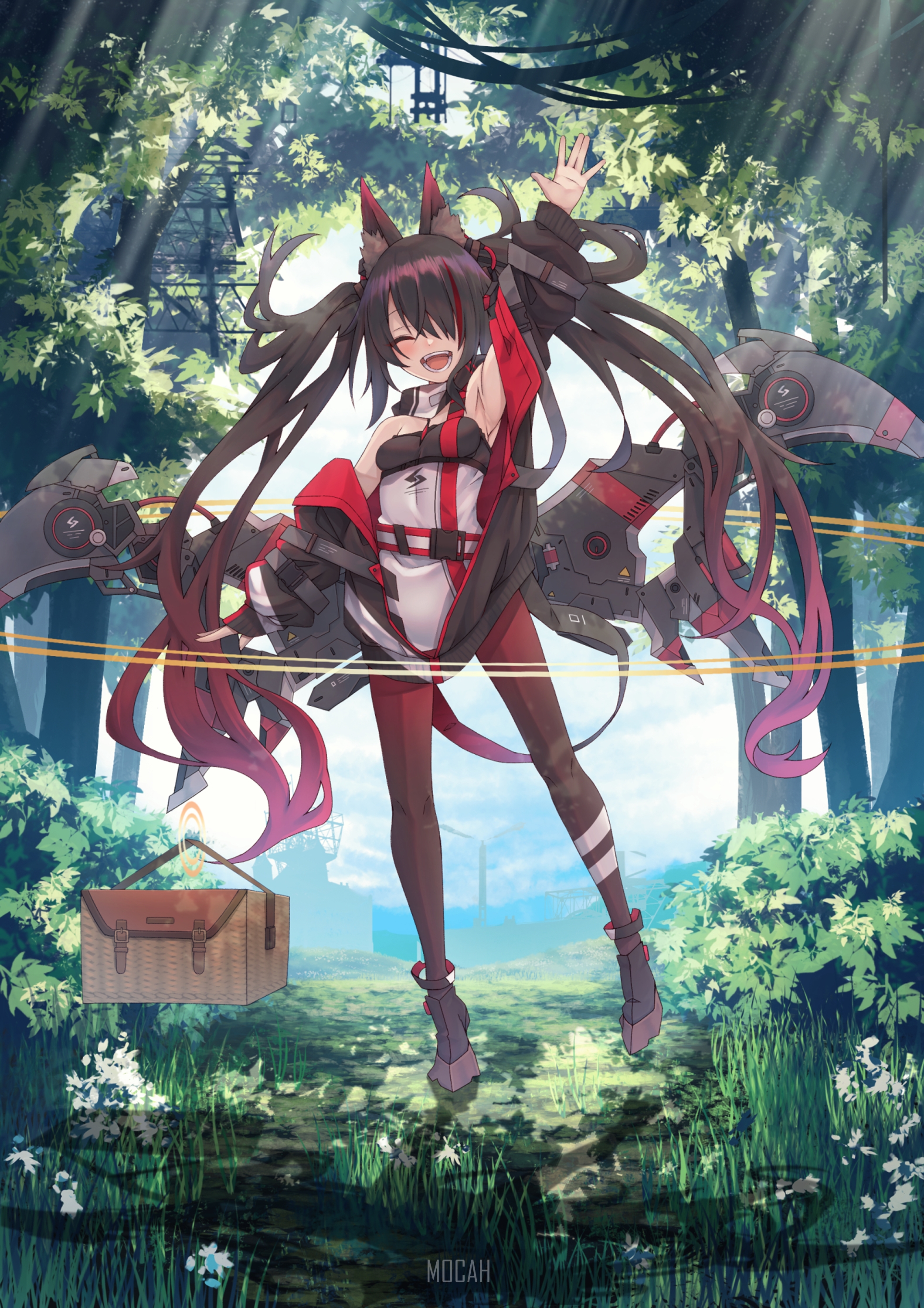 Anime girl with black and red hair in a forest HD Phone Wallpaper