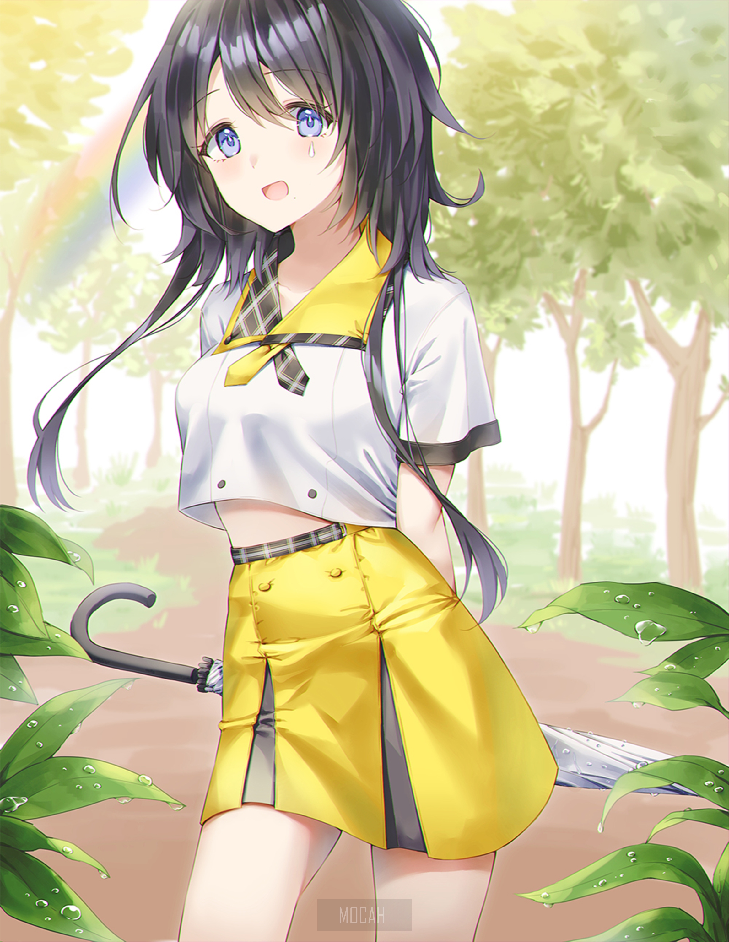 Anime girl with black hair and blue eyes in a yellow skirt HD Phone Wallpaper