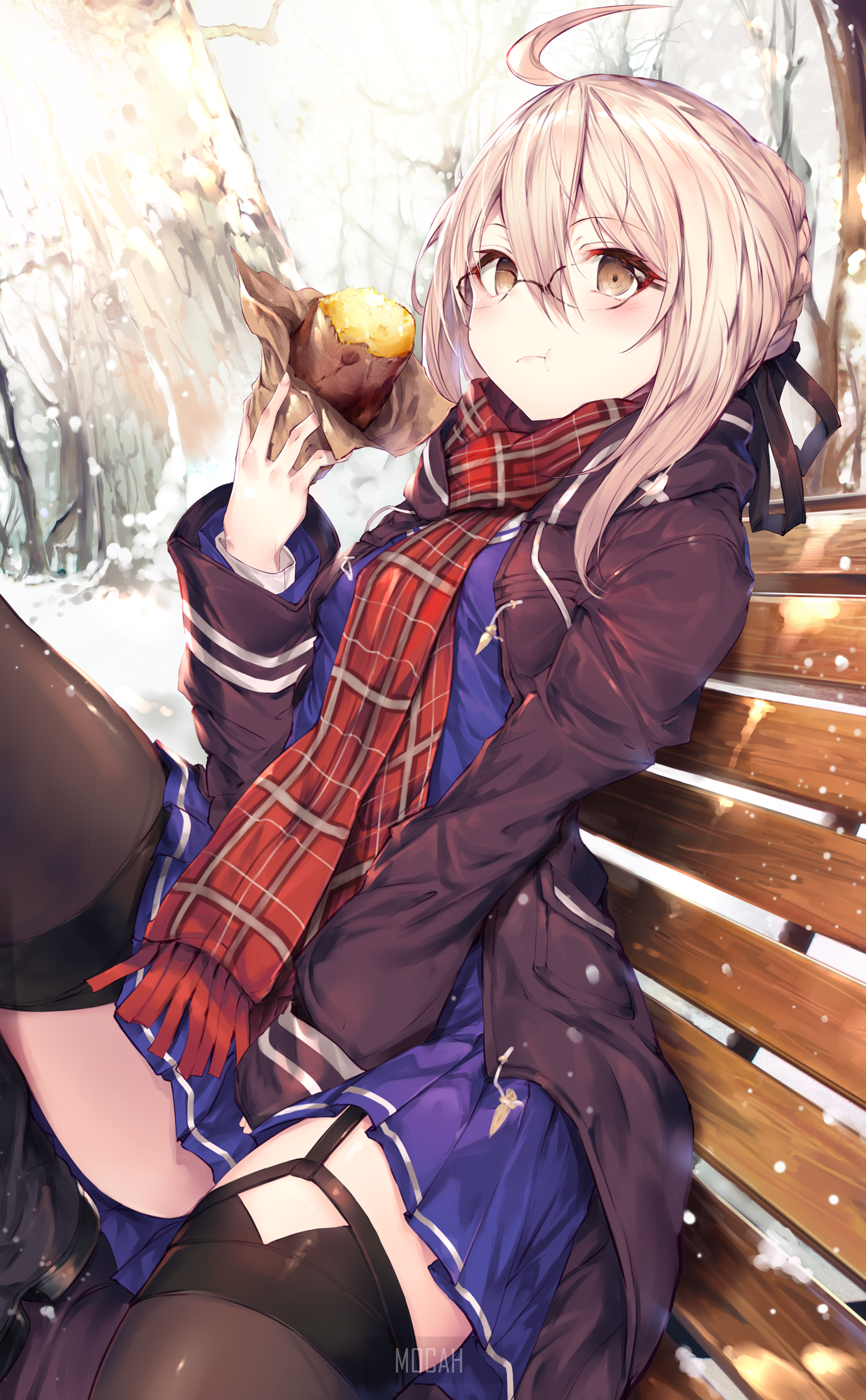 Anime girl with glasses eating sweet potato in winter HD Phone Wallpaper