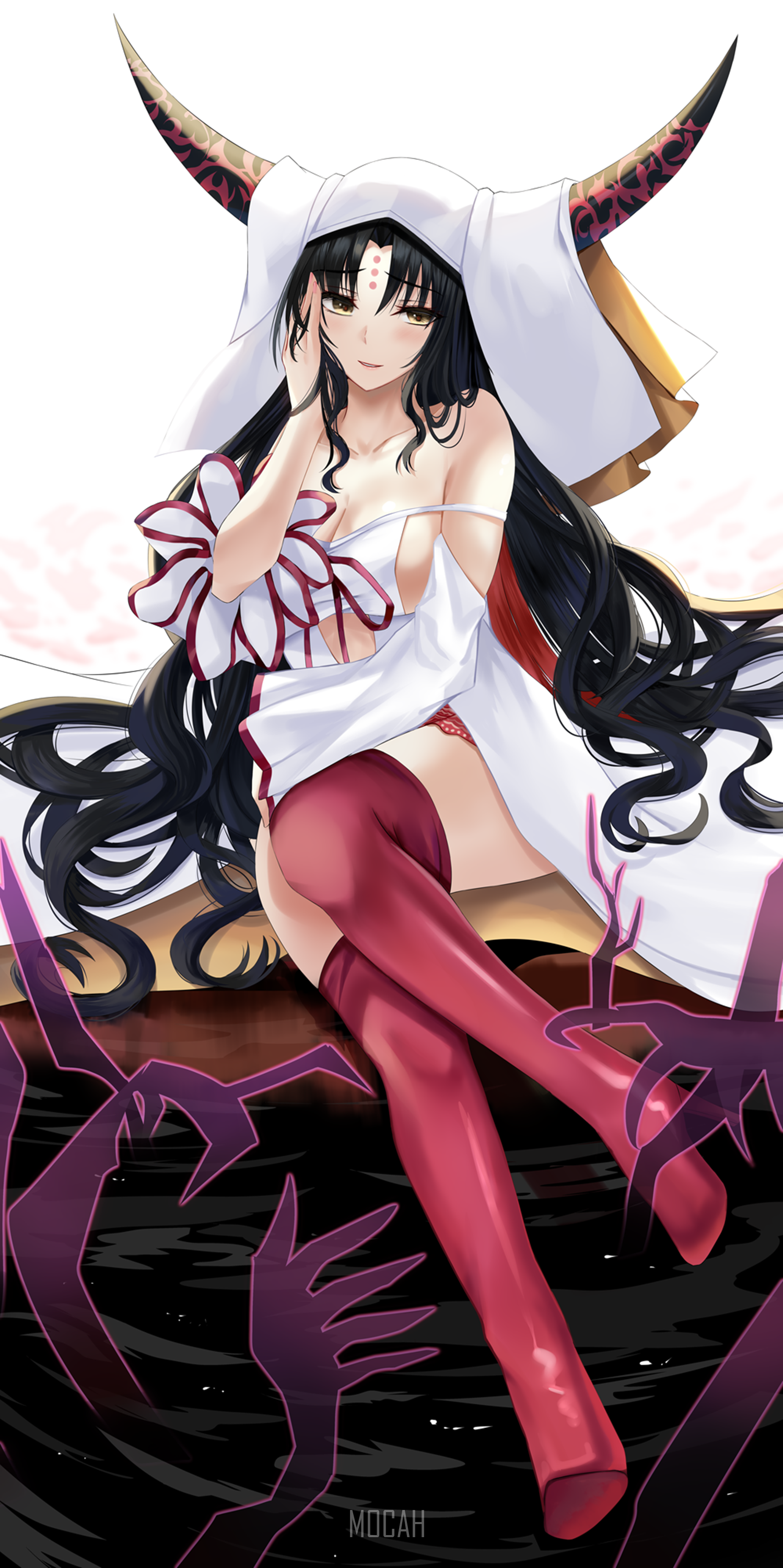 Anime girl with horns and red stockings HD Phone Wallpaper