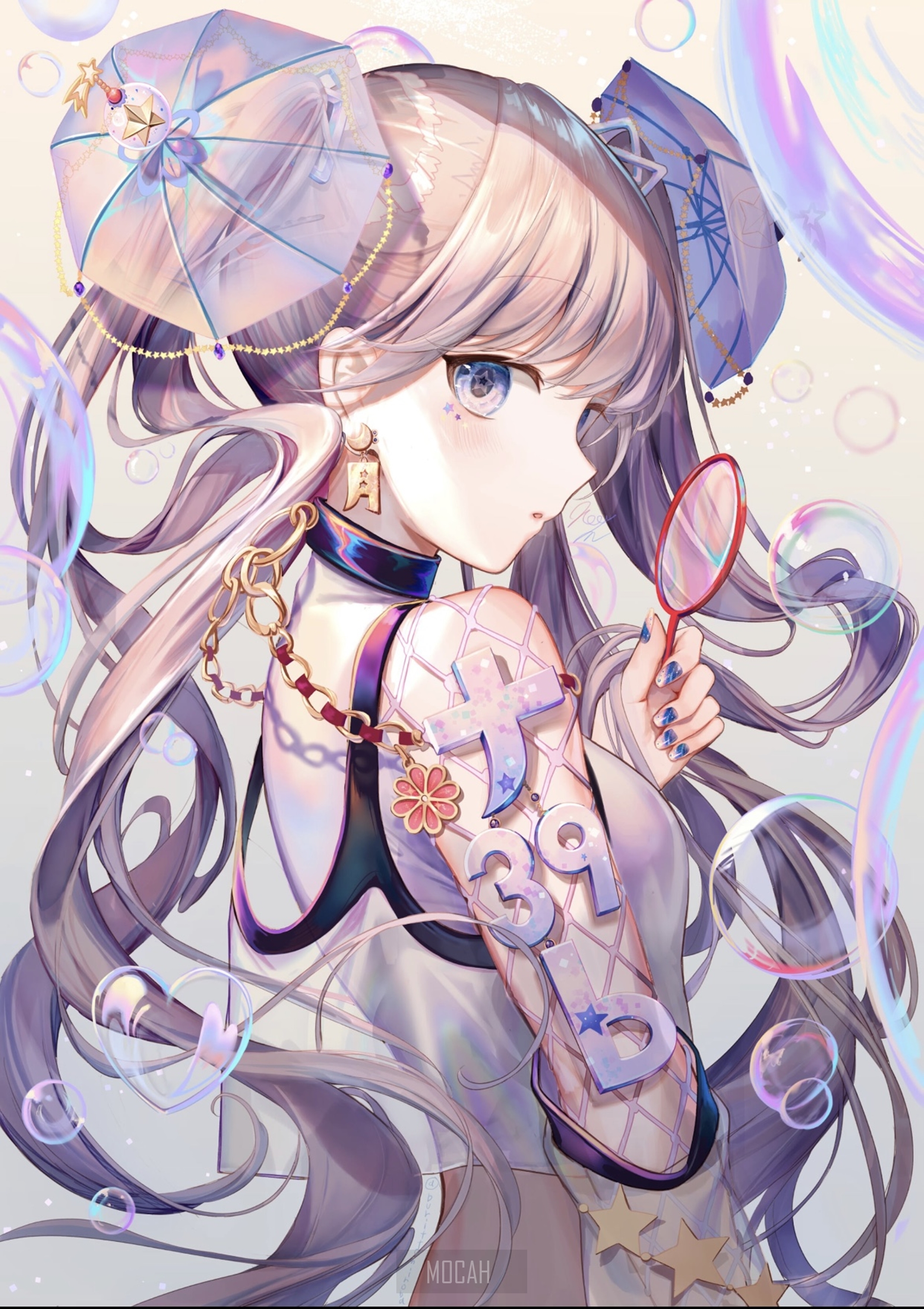 Anime girl with umbrellas in her hair holding a magnifying glass HD Phone Wallpaper