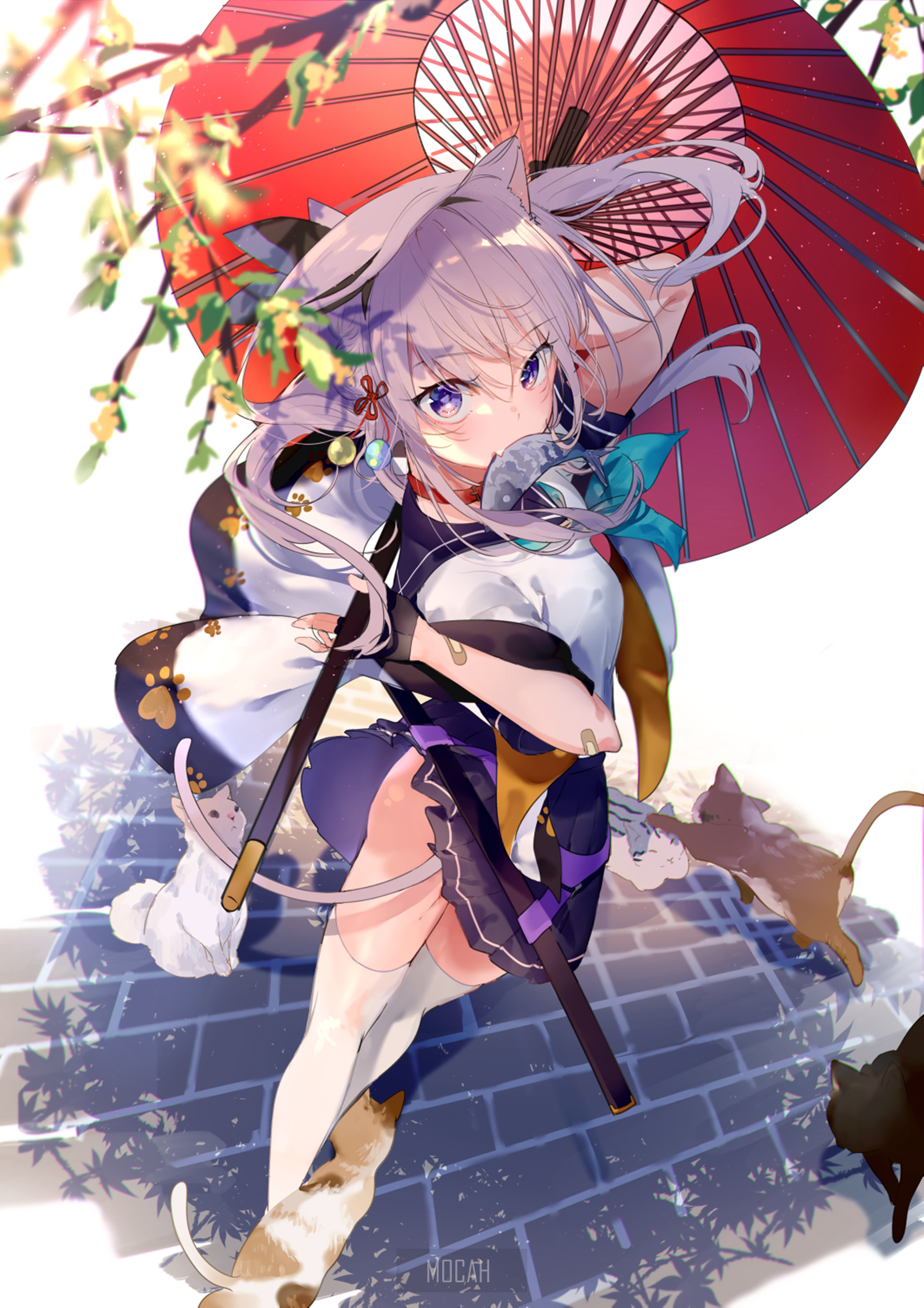 Anime girl with cat ears and umbrella HD Phone Wallpaper