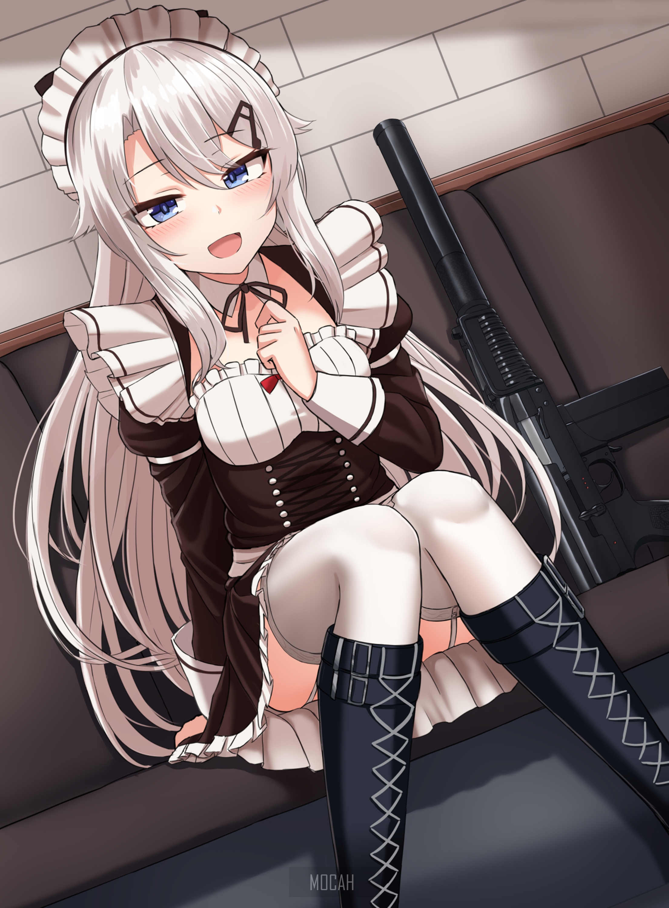 Maid with white hair and a gun HD Phone Wallpaper