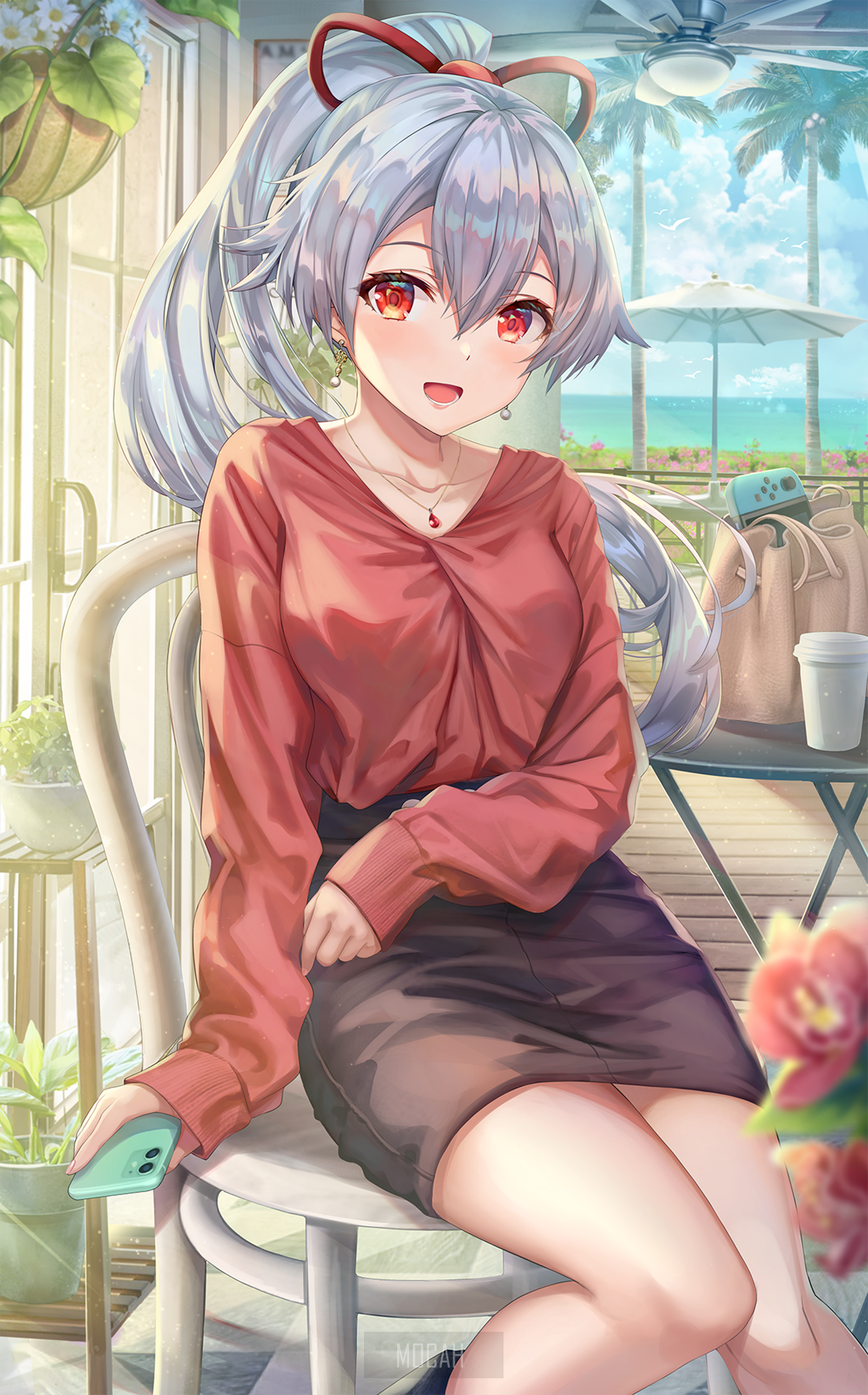 Smiling Anime Girl in Casual Outfit by the Seaside HD Phone Wallpaper