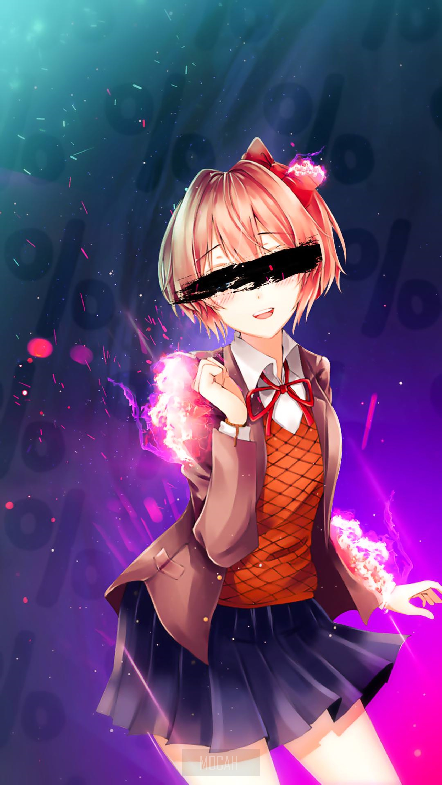 Sayori from Doki Doki Literature Club with Neon Flames HD Phone Wallpaper