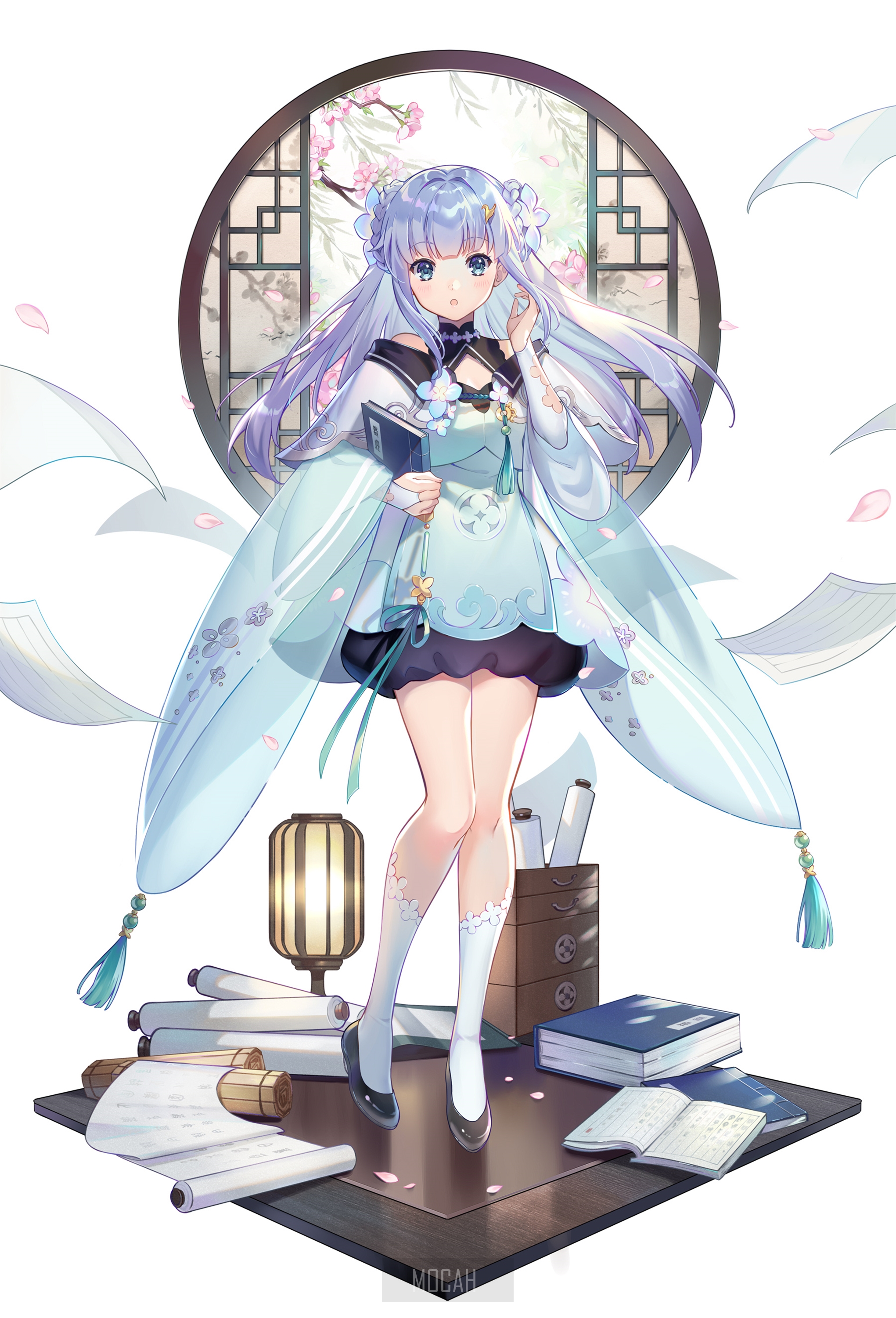 Anime girl with purple hair holding a book HD Phone Wallpaper