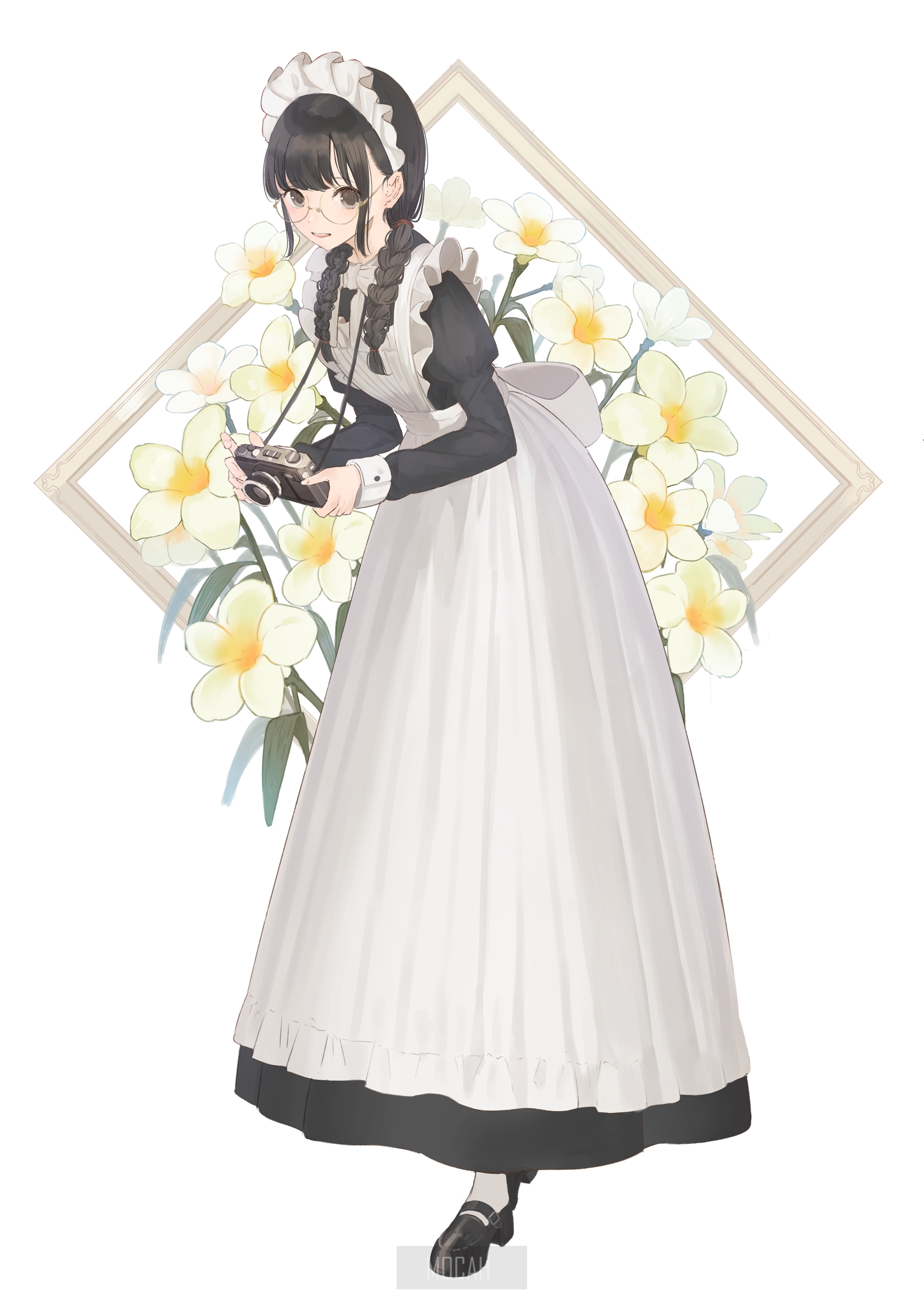 Anime girl in maid outfit holding a camera HD Phone Wallpaper