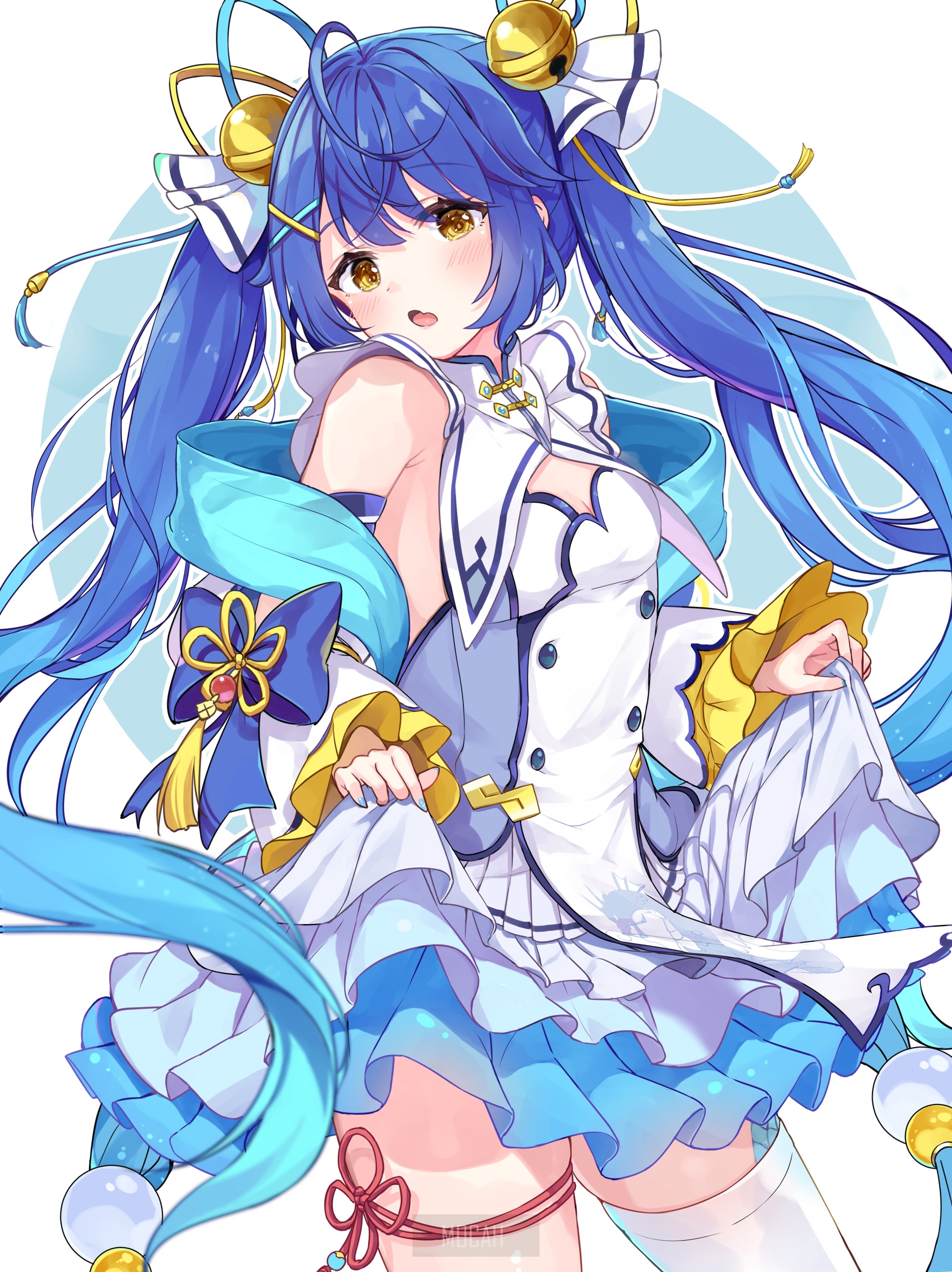 Anime girl with blue hair and ornate outfit HD Phone Wallpaper