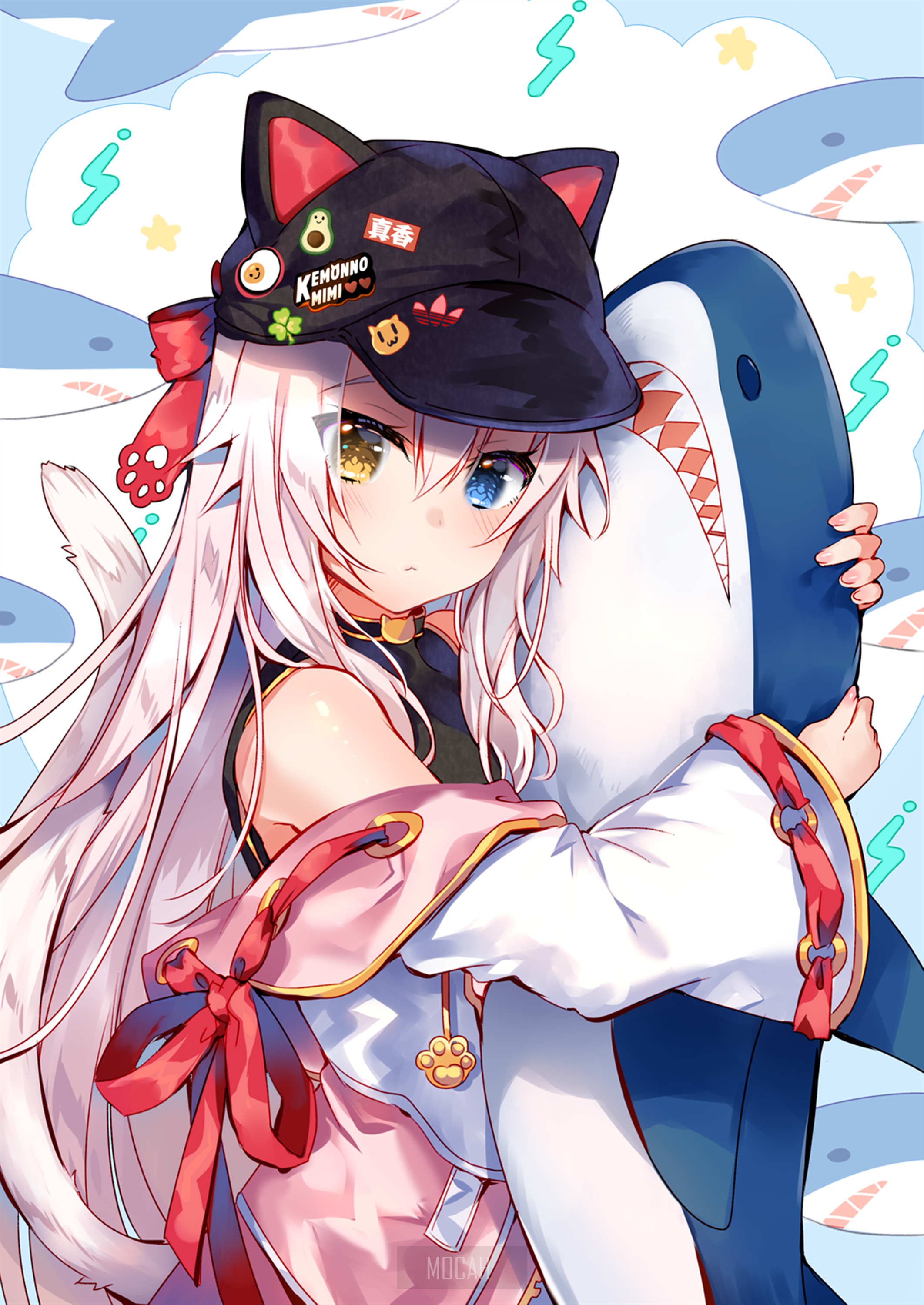Anime girl with cat ears holding a shark plush HD Phone Wallpaper