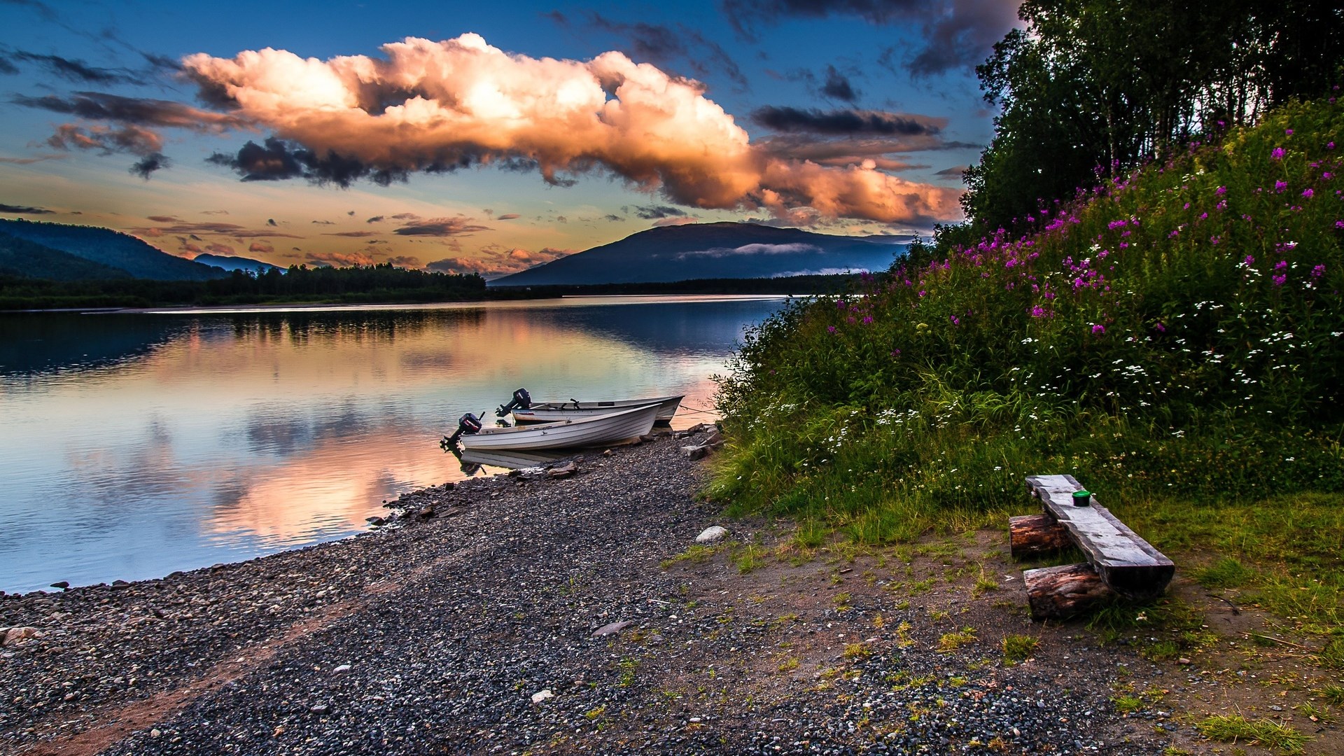 Boats on a lake at sunset with flowers HD Wallpaper
