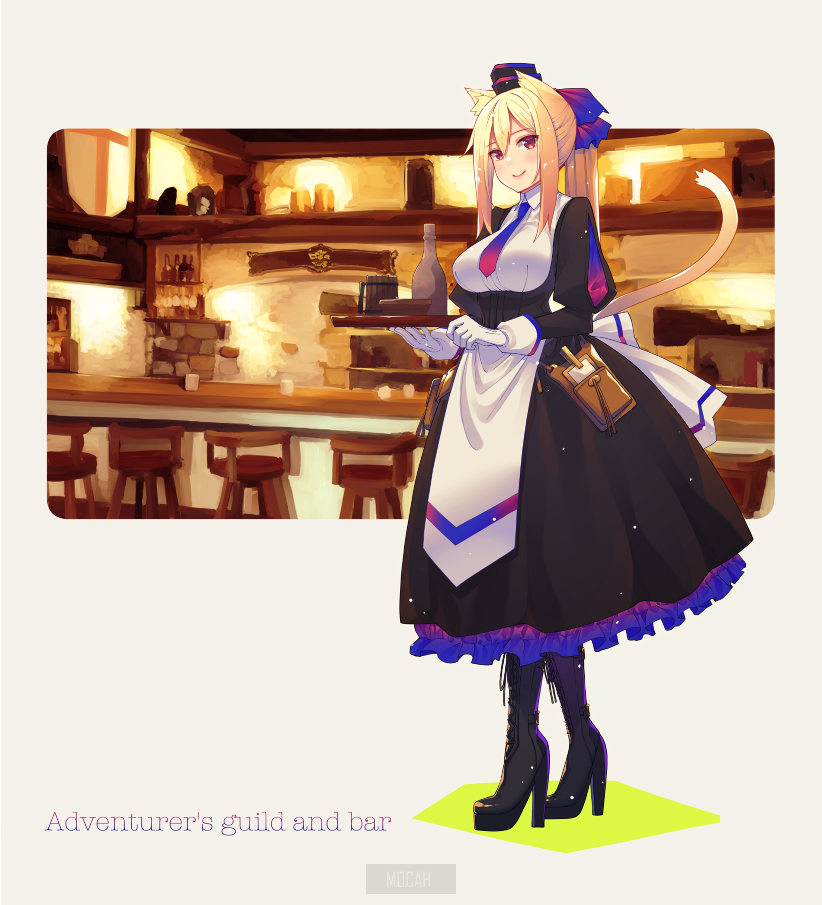 Anime cat girl waitress in adventurer's guild and bar HD Phone Wallpaper