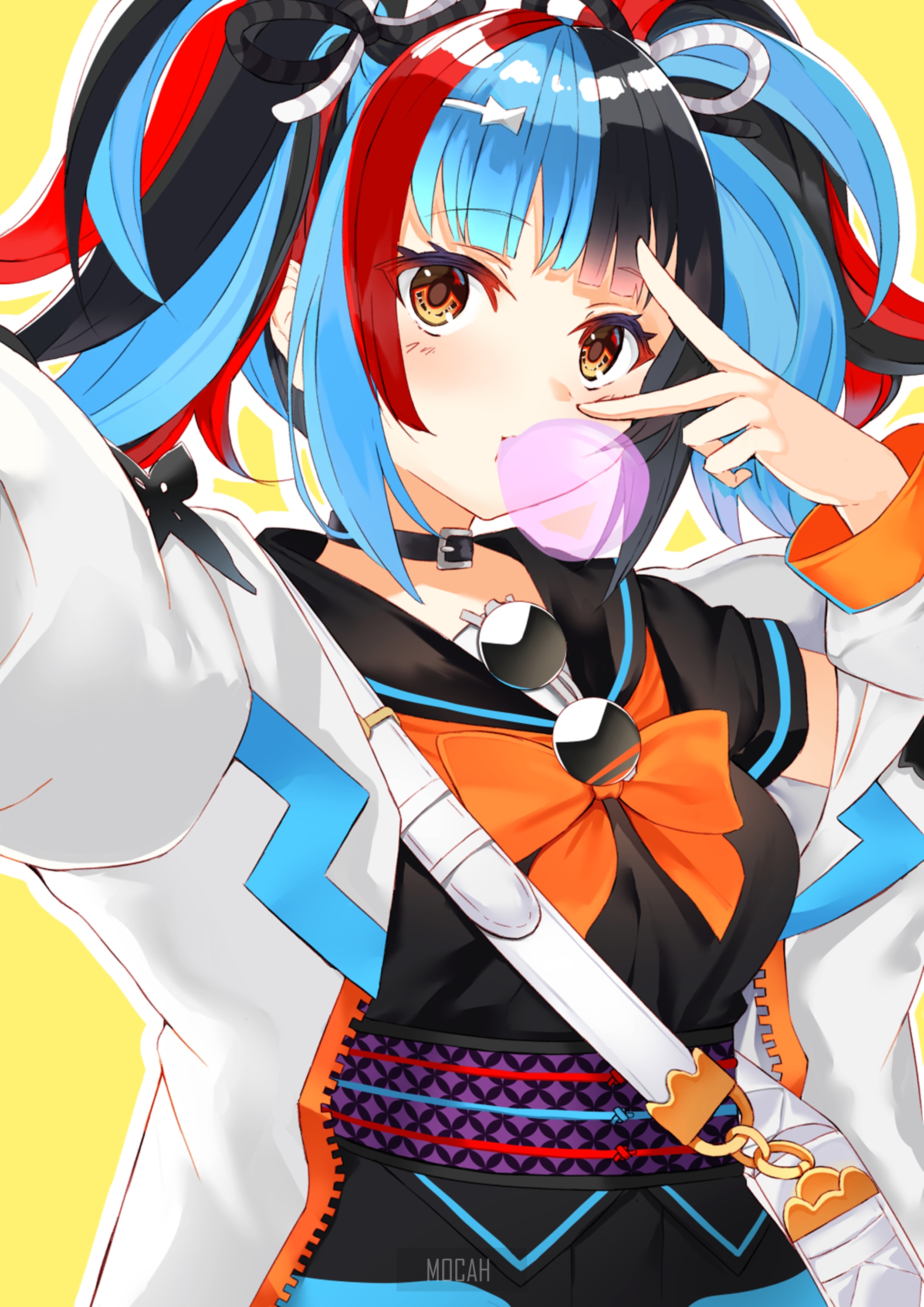 Anime girl with bubble gum and colorful hair HD Phone Wallpaper