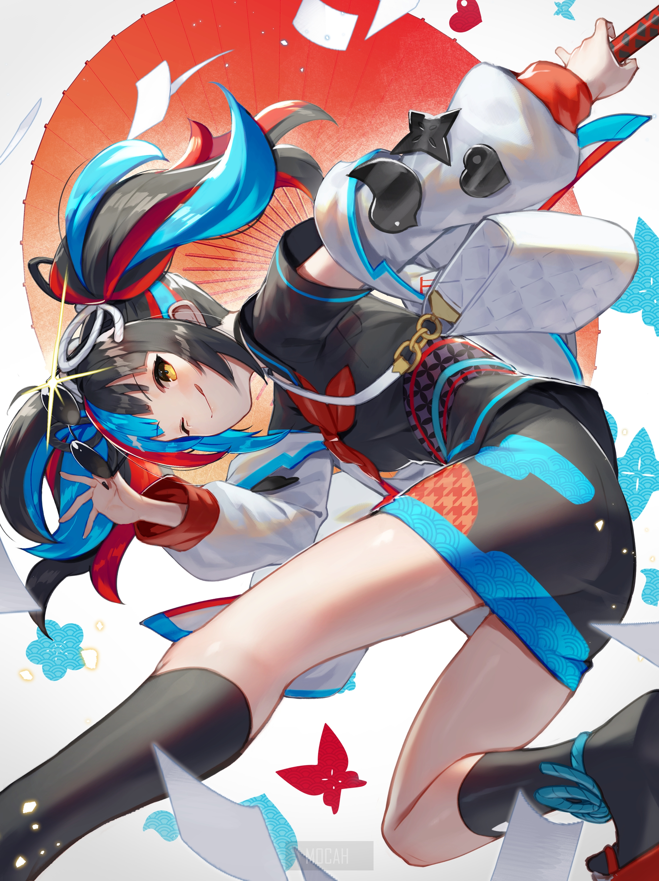 Dynamic Anime Girl with Blue and Red Highlights HD Phone Wallpaper