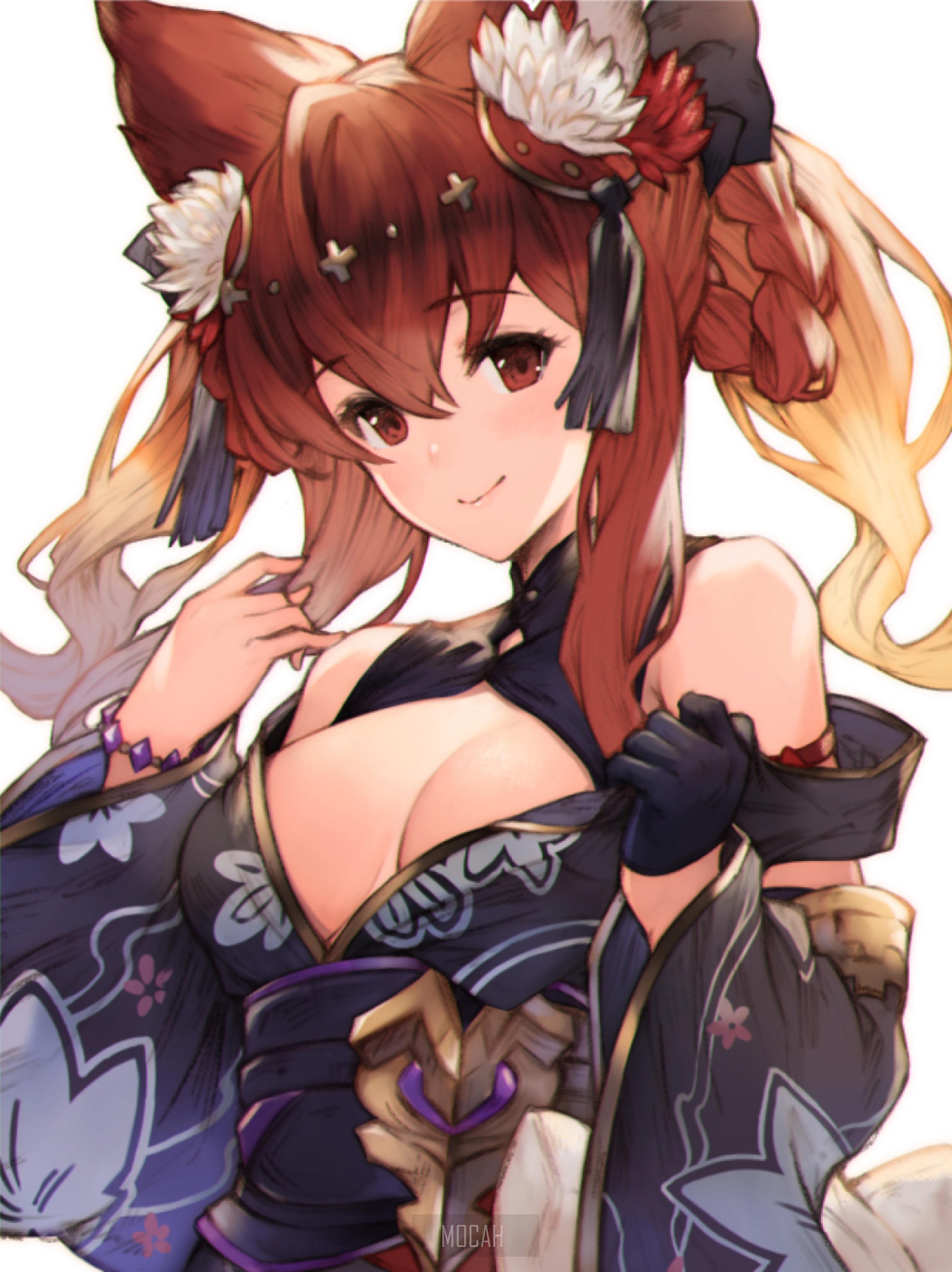 Anime girl with fox ears in kimono HD Phone Wallpaper