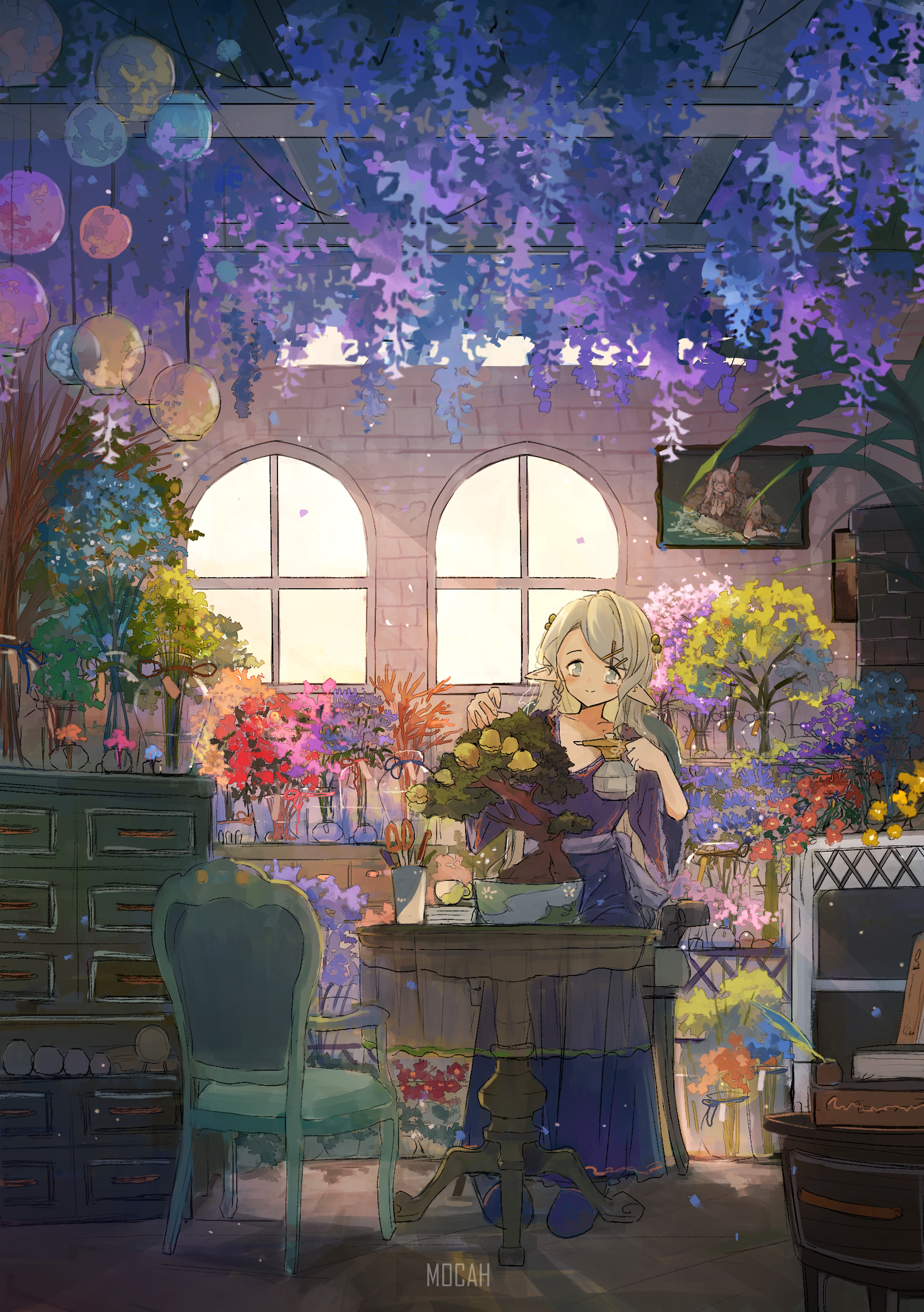 Anime girl watering plants in a flower shop HD Phone Wallpaper