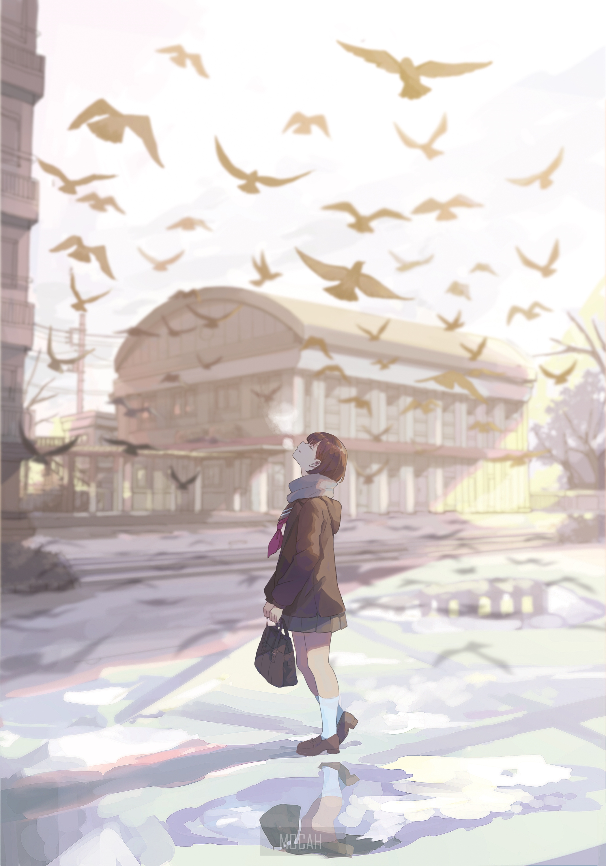 Anime girl in school uniform with birds flying HD Phone Wallpaper