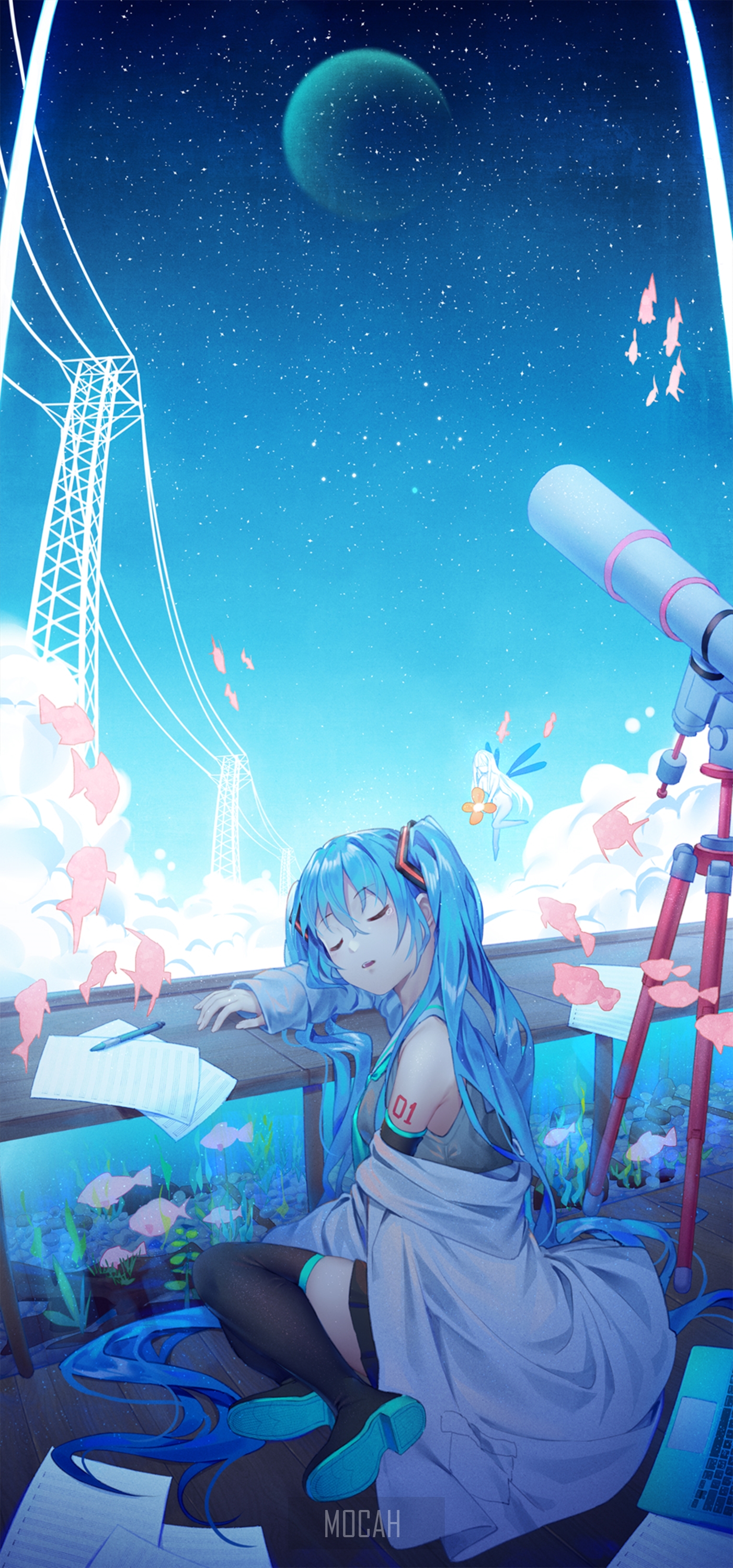 Sleeping Hatsune Miku Under Starry Sky HD Phone Wallpaper
