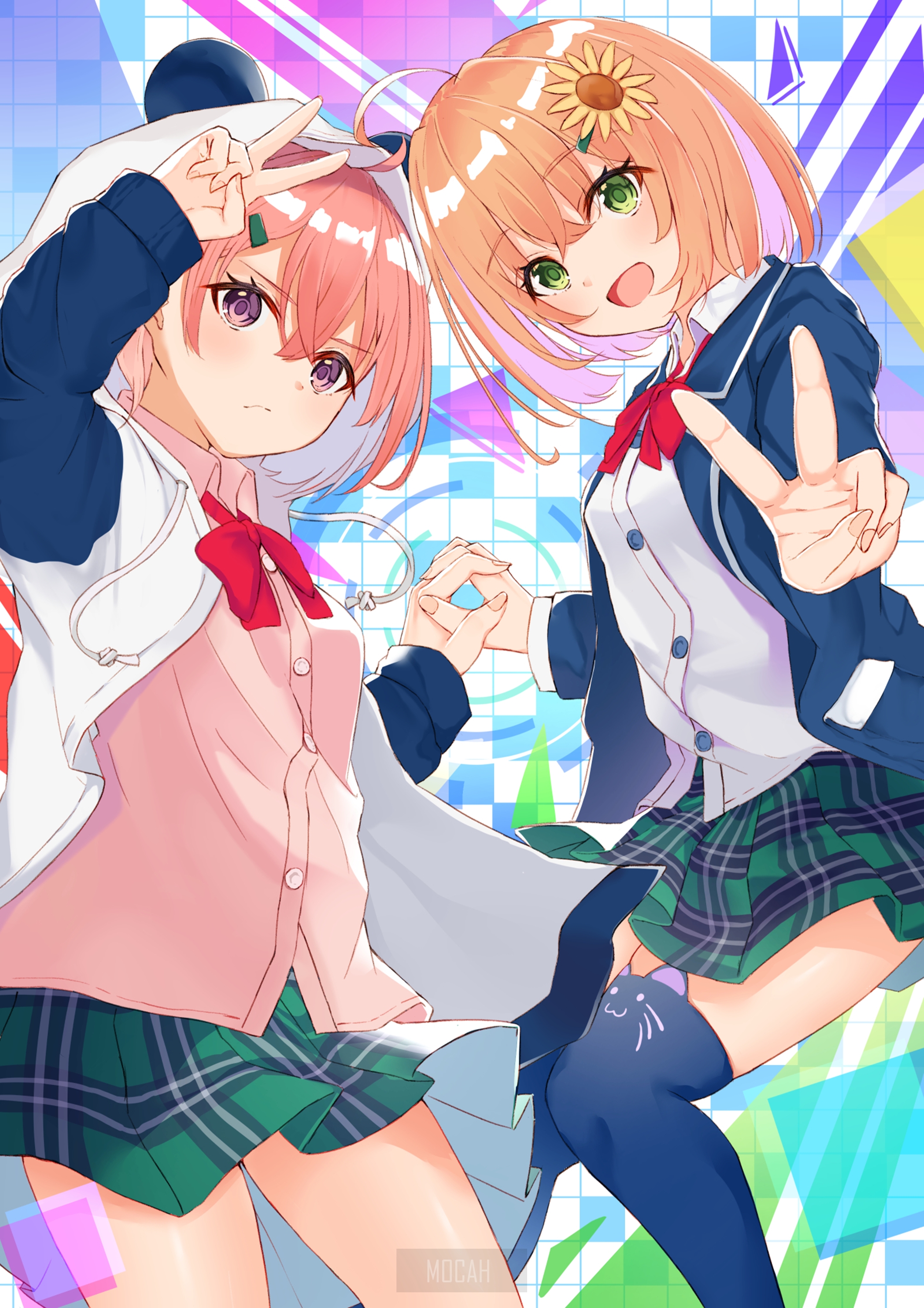Two anime girls in school uniforms holding hands HD Phone Wallpaper