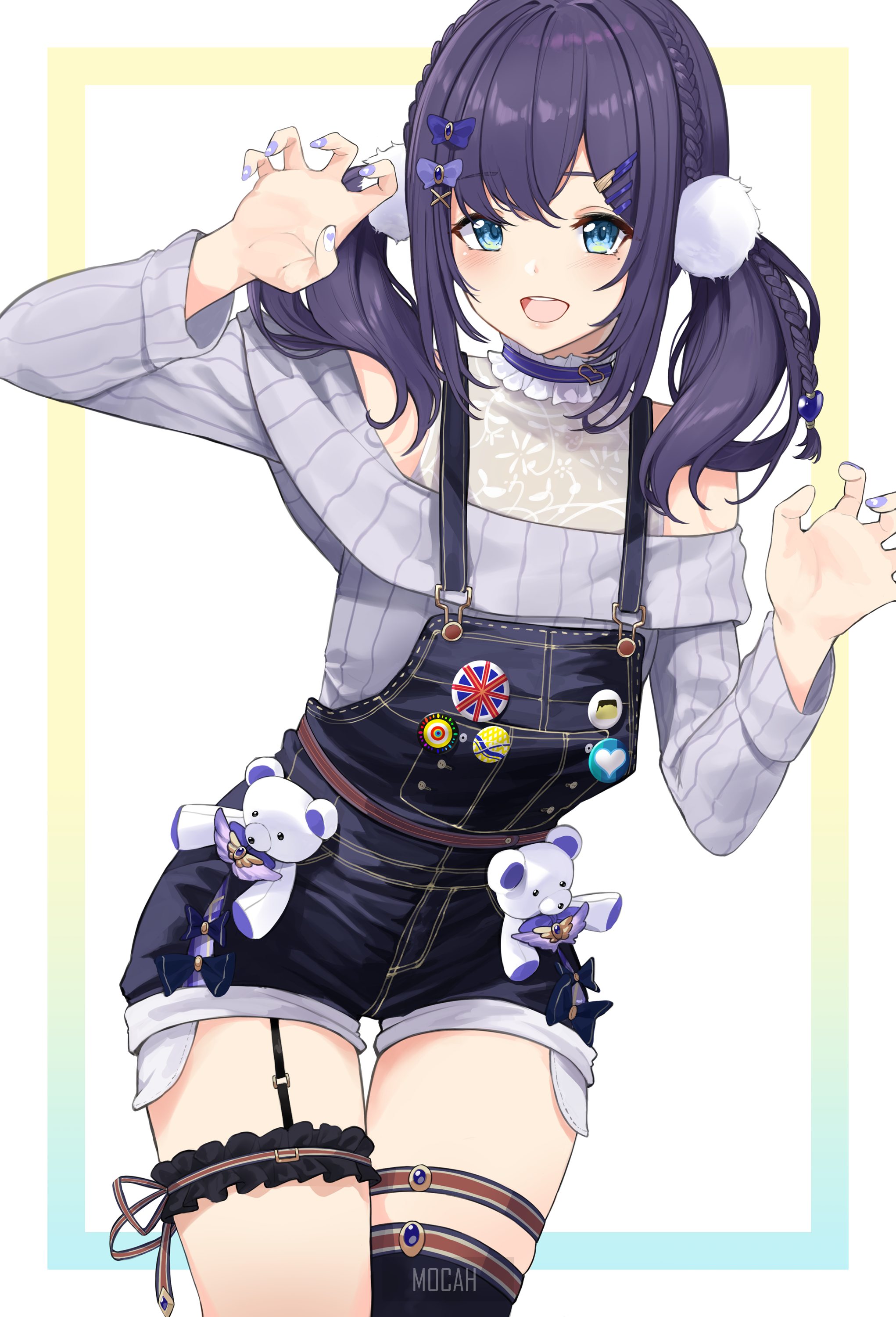 Anime girl with purple pigtails and denim overalls HD Phone Wallpaper