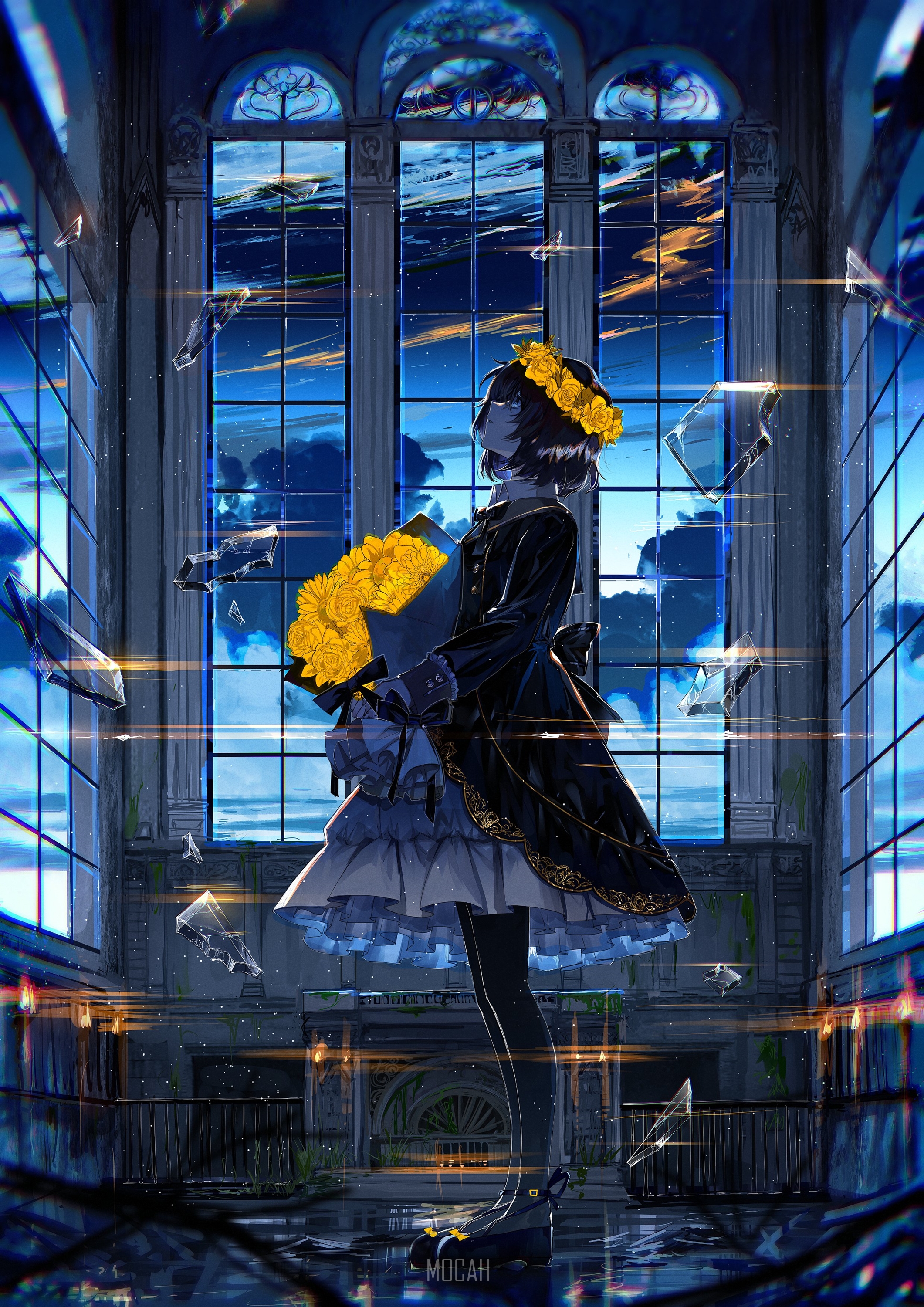 Anime girl with sunflowers in a cathedral HD Phone Wallpaper