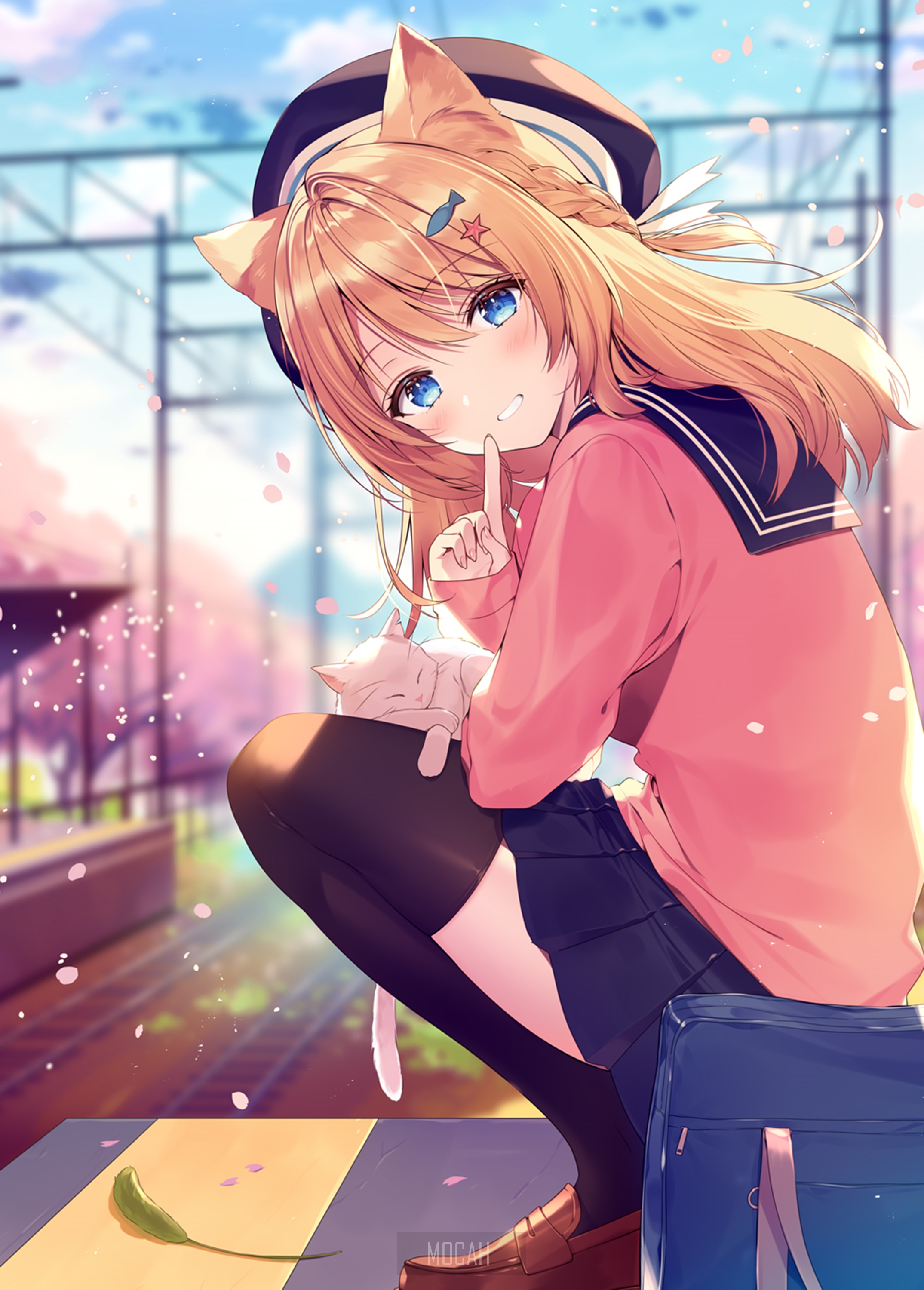Anime Girl with Cat Ears in Serene Sunset HD Phone Wallpaper